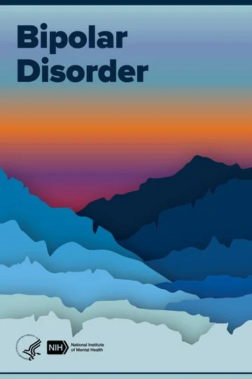 Cover of a publication titled 'Bipolar Disorder' with a stylized mountain range illustration at sunset, from the NIH, National Institute of Mental Health.