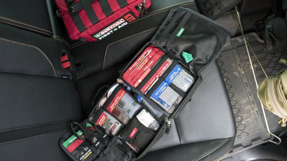  neatly organised first aid items in SURVIVAL’s Vehicle first aid kit 