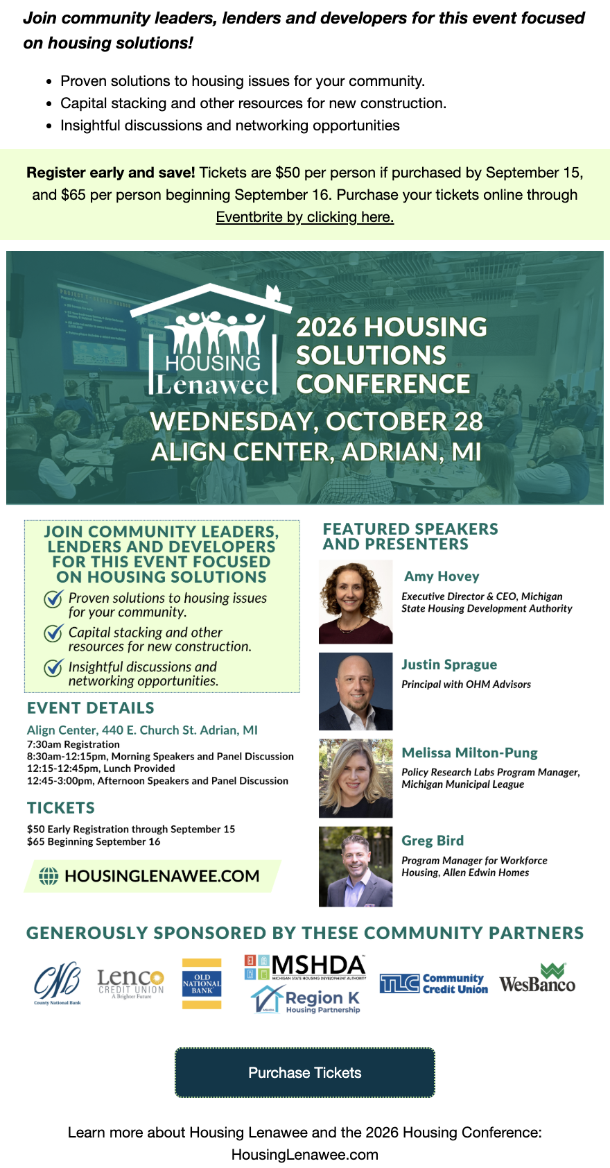 Flyer for the 2026 Housing Solutions Conference at Align Center in Adrian, MI on October 28, highlighting event details, speakers, ticket prices, sponsors, and registration information.