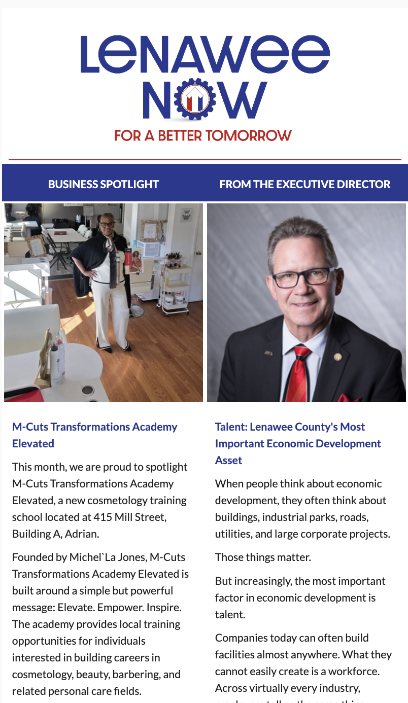 Newsletter page titled 'Lenawee Now for a Better Tomorrow' with images of a woman in a salon and a man in a suit, and sections about M-Cuts Transformations Academy and Lenawee County's economic development.