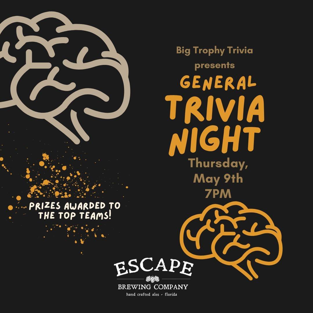 GENERAL TRIVIA 🧠

Join us in the taproom for General Trivia on NEXT THURSDAY, May 9th! Every second Thursday, @bigtrophytrivia will be in the house hosting General Trivia.

Put on your thinking cap (and your drinking cap) and get ready to play some 