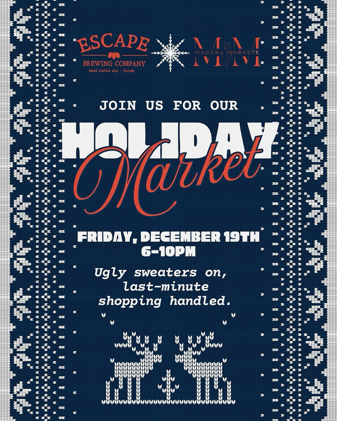 Ugly sweaters encouraged. Holiday shopping guaranteed. 🎁✨ Join us December 19th from 6&ndash;10PM for our Holiday Market with Magana Markets!