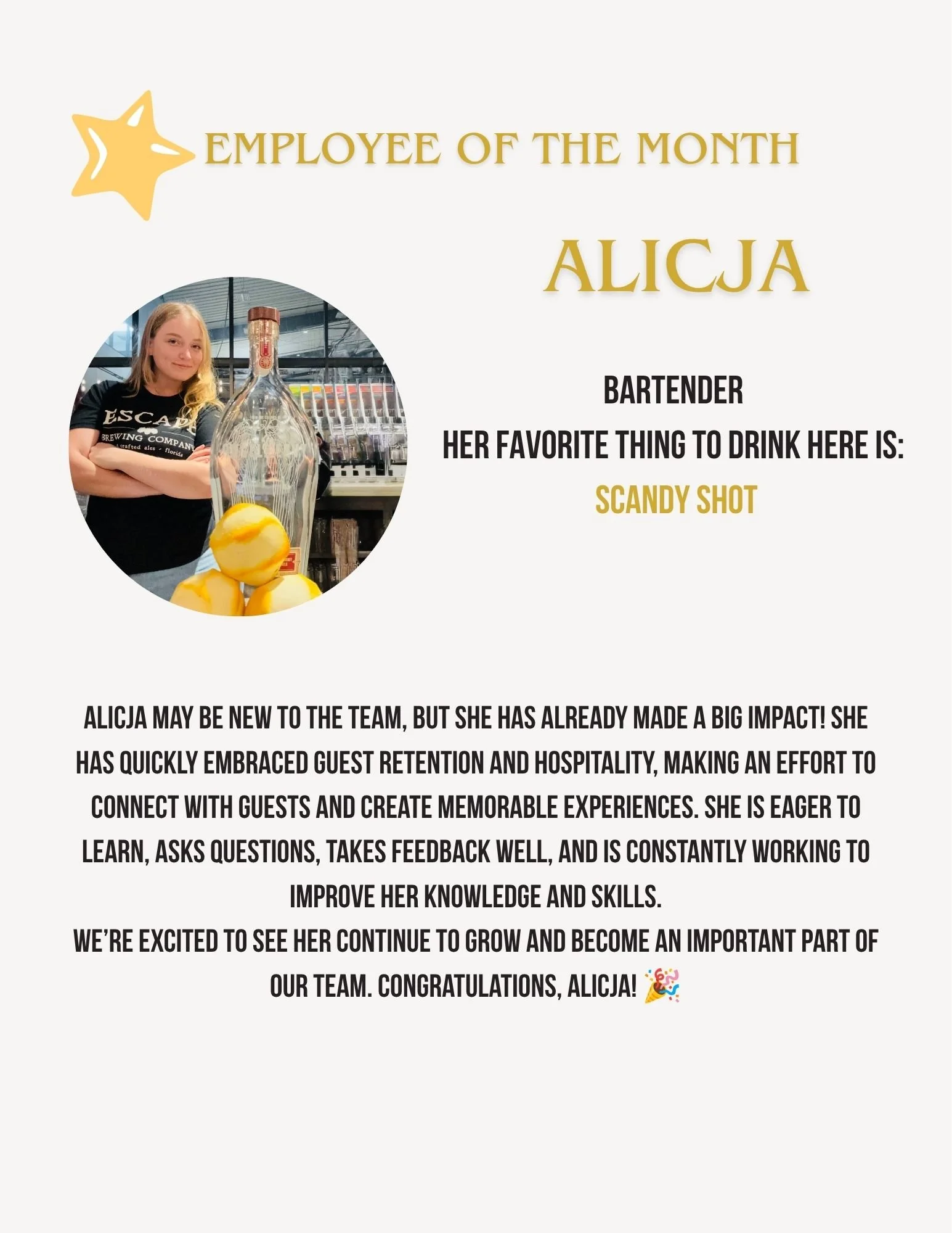 Alicja may be new to the team, but she has already made a big impact! She has quickly embraced guest retention and hospitality, making an effort to connect with guests and create memorable experiences. She is eager to learn, asks questions, takes fee