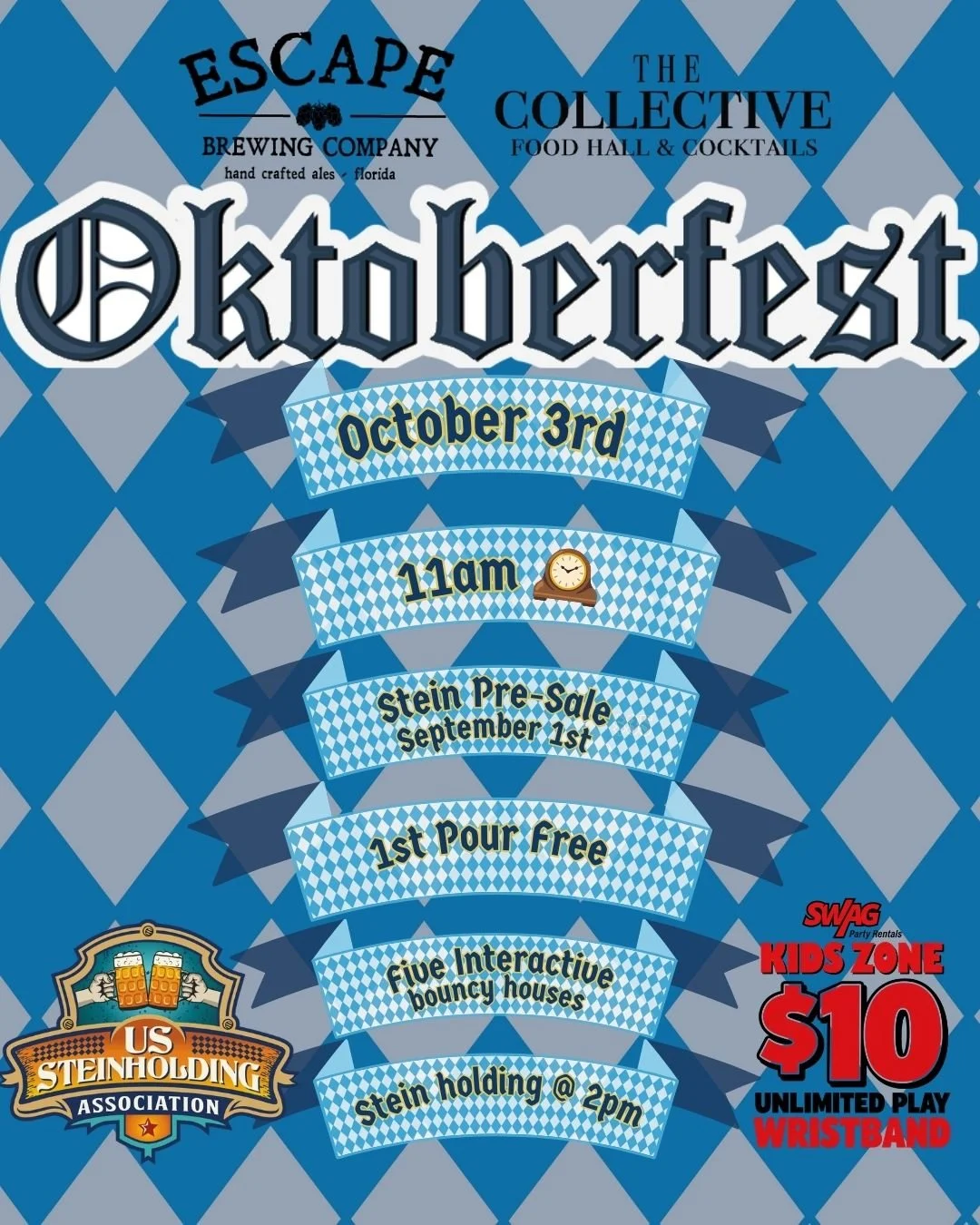🍺🥨 OKTOBERFEST at The Collective at Escape Brewing Company! 🥨🍺

We&rsquo;re going BIG this year with something for the whole family!

🏰 We&rsquo;ve partnered with Swag Party Rentals  for 5 interactive bounce houses &amp; kids activities!
🍺 We&r
