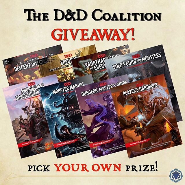 𝟭𝟭𝗸 𝗚𝗜𝗩𝗘𝗔𝗪𝗔𝗬! This time you pick the prize😏
⁣
Here's your chance to pick up that D&amp;D book that you're missing!
⁣
❗️𝗧𝗛𝗘 𝗥𝗨𝗟𝗘𝗦❗️
1️⃣ Follow @thedndcoalition
2️⃣ Tag a friend! (1 comment = 1 entry)
3️⃣ 𝗠𝗢𝗦𝗧 𝗜𝗠𝗣𝗢𝗥𝗧𝗔𝗡𝗧