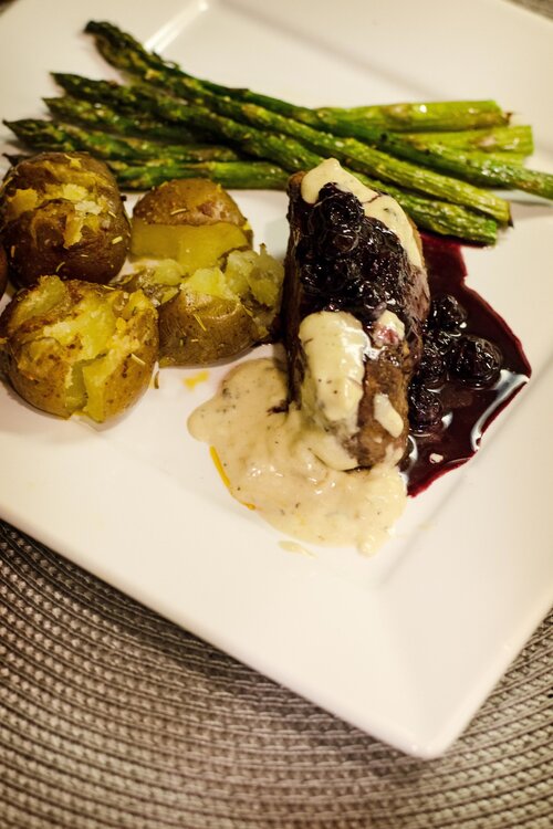 Elk Steak with Blueberry Balsamic Reduction and Gorgonzola Cream Sauce