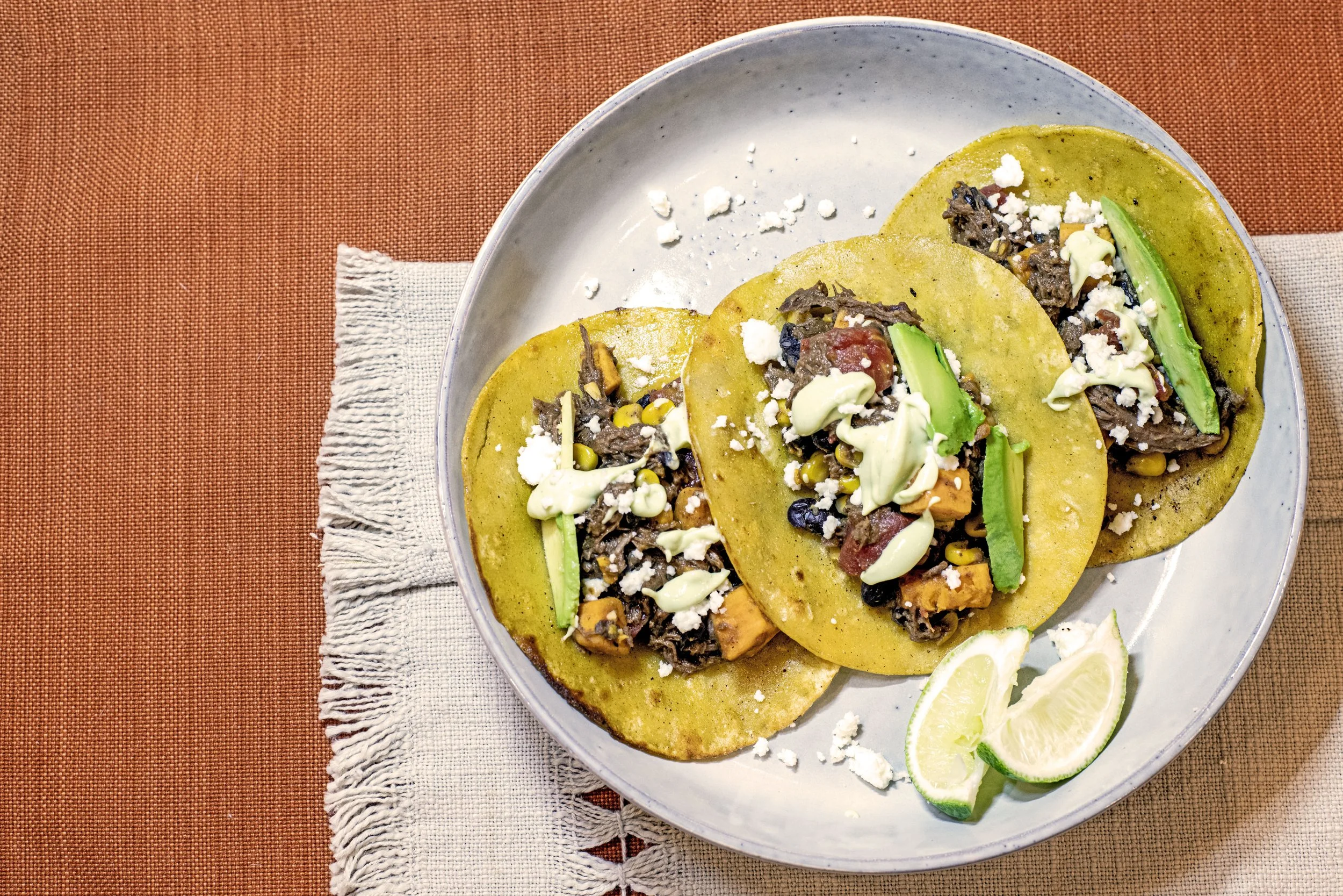 Shredded Venison Tacos with Sweet Potato & Black Beans