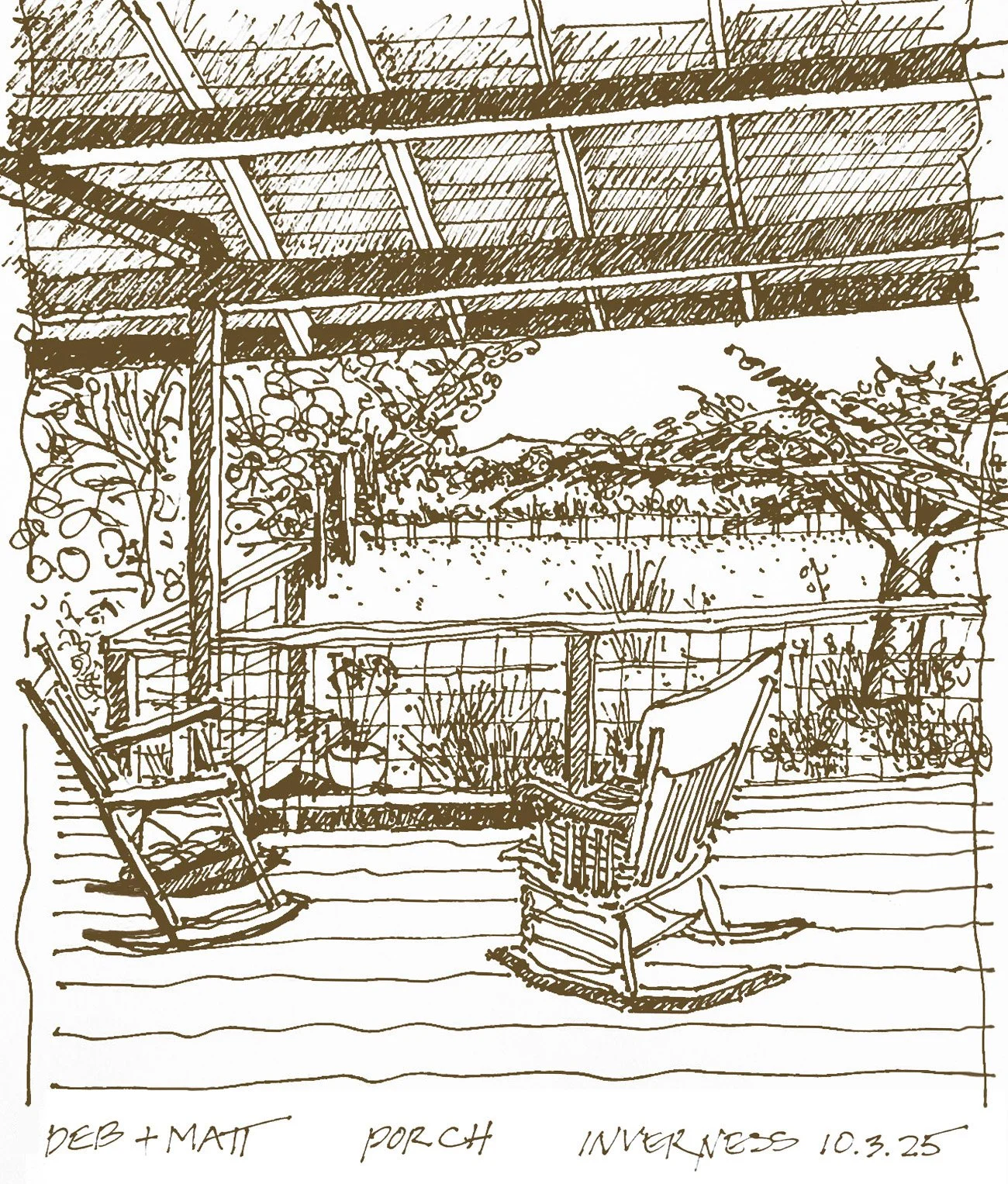 pen architectural sketch of Inverness Park porch looking towards Point Reyes Station