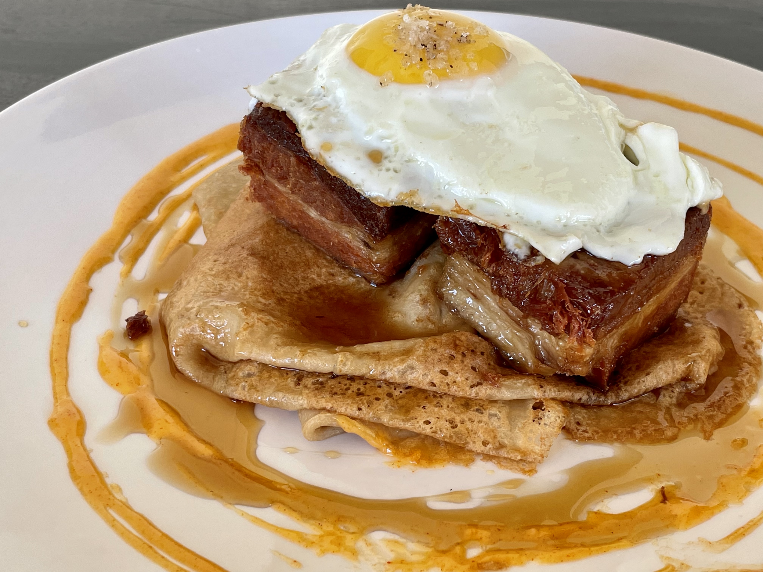 Coffee Crêpe, Pork Belly, Over Easy Egg