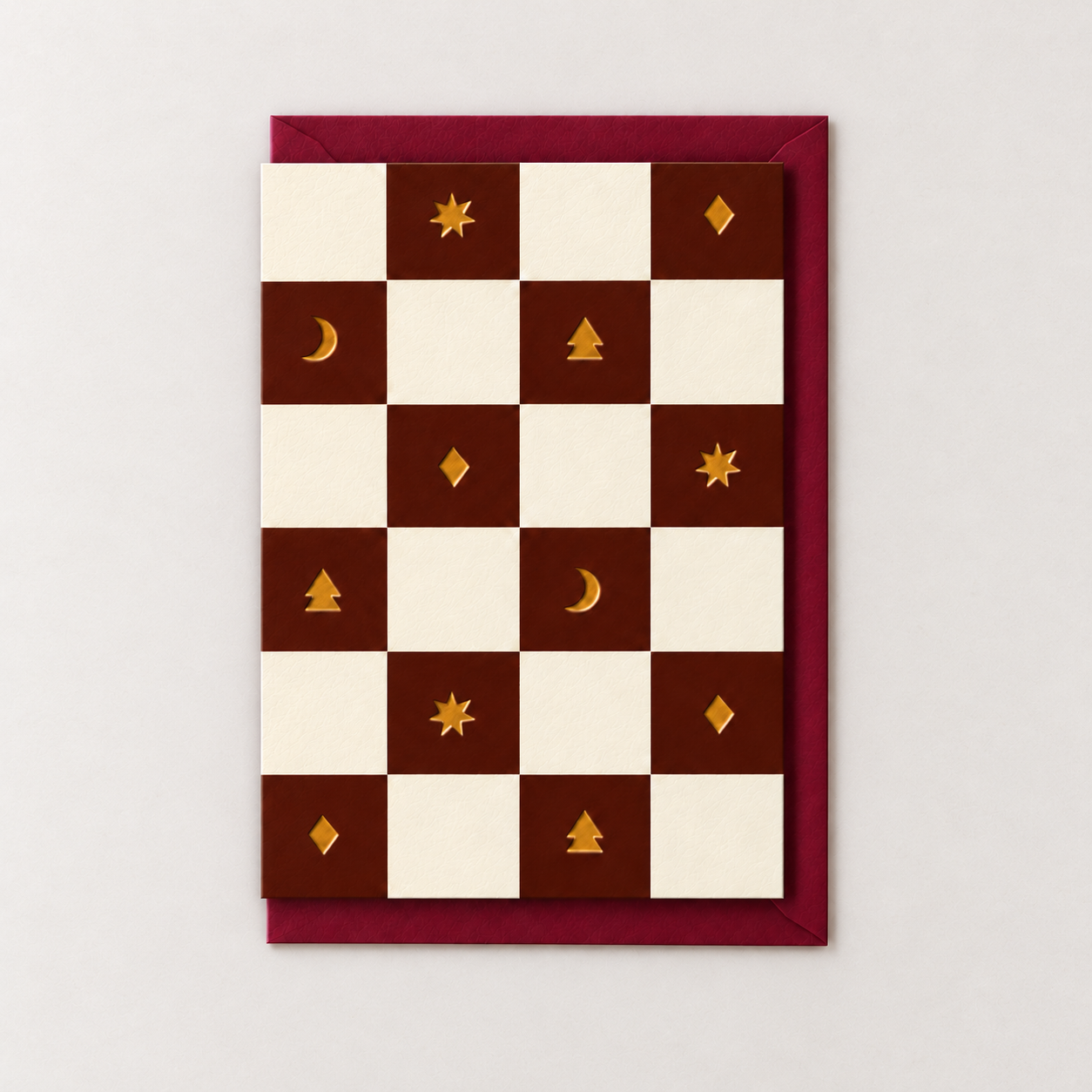 GOLD FOILED & EMBOSSED CLARET CHEQUERBOARD SEASONAL CARD