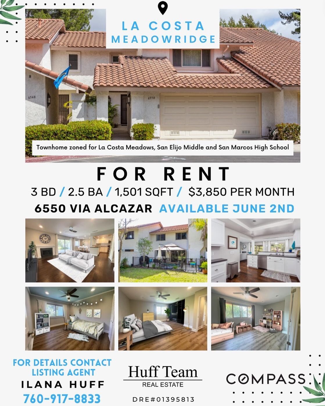 🏡 FOR RENT - $3,850 - Available for move-in June 2nd!
📍 6550 Via Alcazar in La Costa
🔹 3 Bed /  2.5 Bath / 1,501 Sqft 
➡ Find out more info or schedule a showing 📞 contact listing agent Ilana Huff directly at 760-917-8833

Ilana Huff, REALTOR
DRE