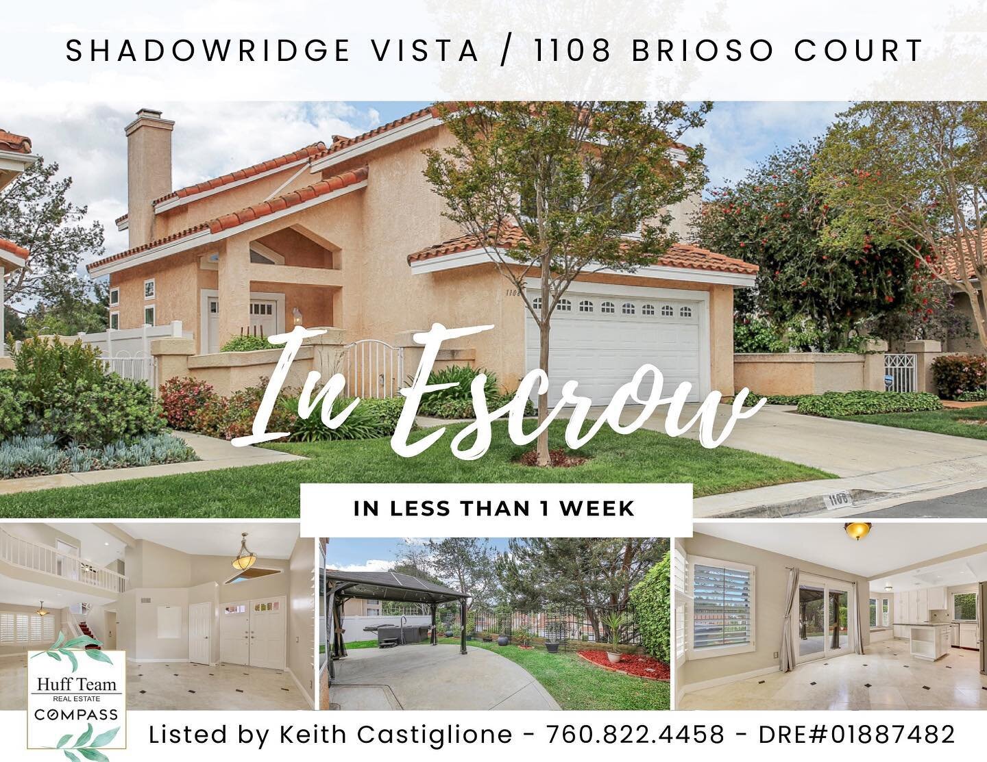 PENDING IN ESCROW! 📍1108 Brioso Court in the Lido neighborhood of Shadworidge Vista. Listed at $895,000 and on the market for less than a week! ⚡️

Listed by Keith Castiglione 👋 Contact Keith directly at 760-822-4458

REALTOR DRE#01887482
HUFF TEAM