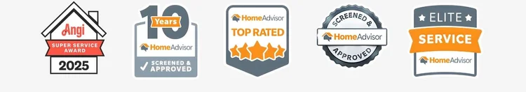 Angi Super Service Award 2025 and HomeAdvisor Top Rated, Elite Service and Screened and Approved badges