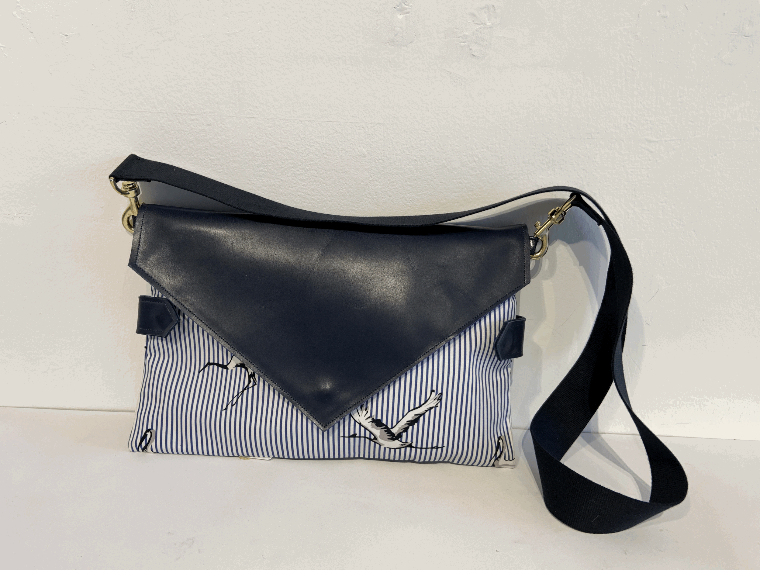 Sasha - Pinstripe Herons with Classic navy blue leather Large Clutch + Cross body strap