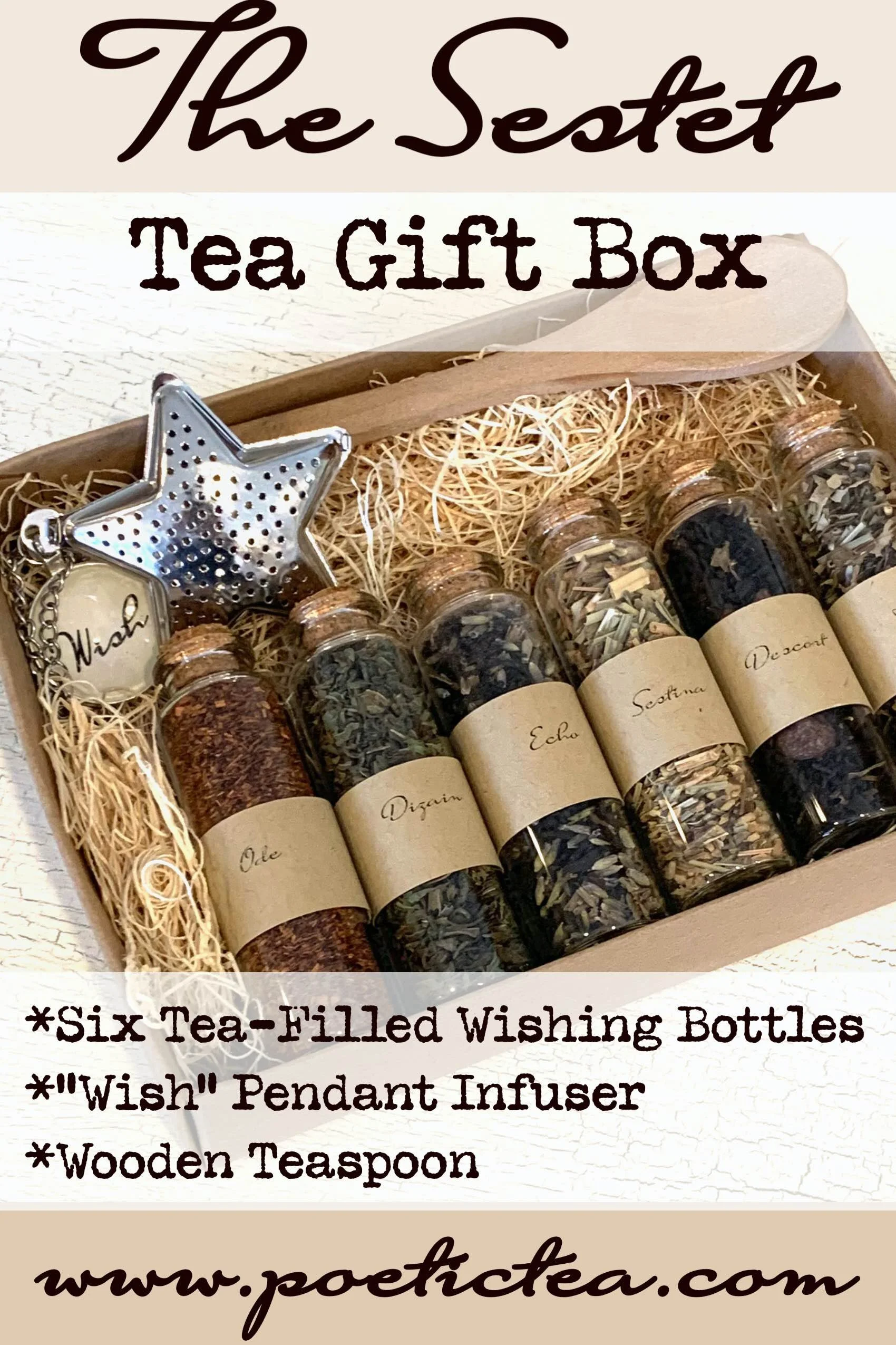 Loose Tea Sampler with Six Wishing Bottles, Pendant Infuser & Wooden Teaspoon