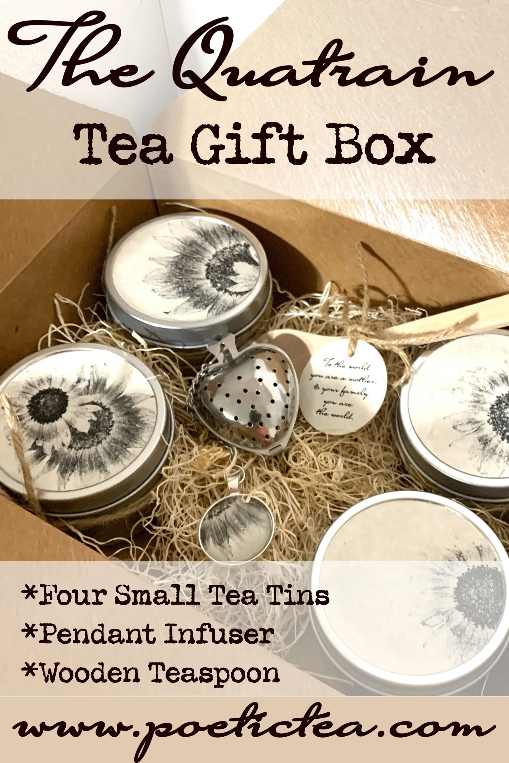 Loose Tea Gift Set with Four Tins, Pendant Infuser, and Wooden Teaspoon
