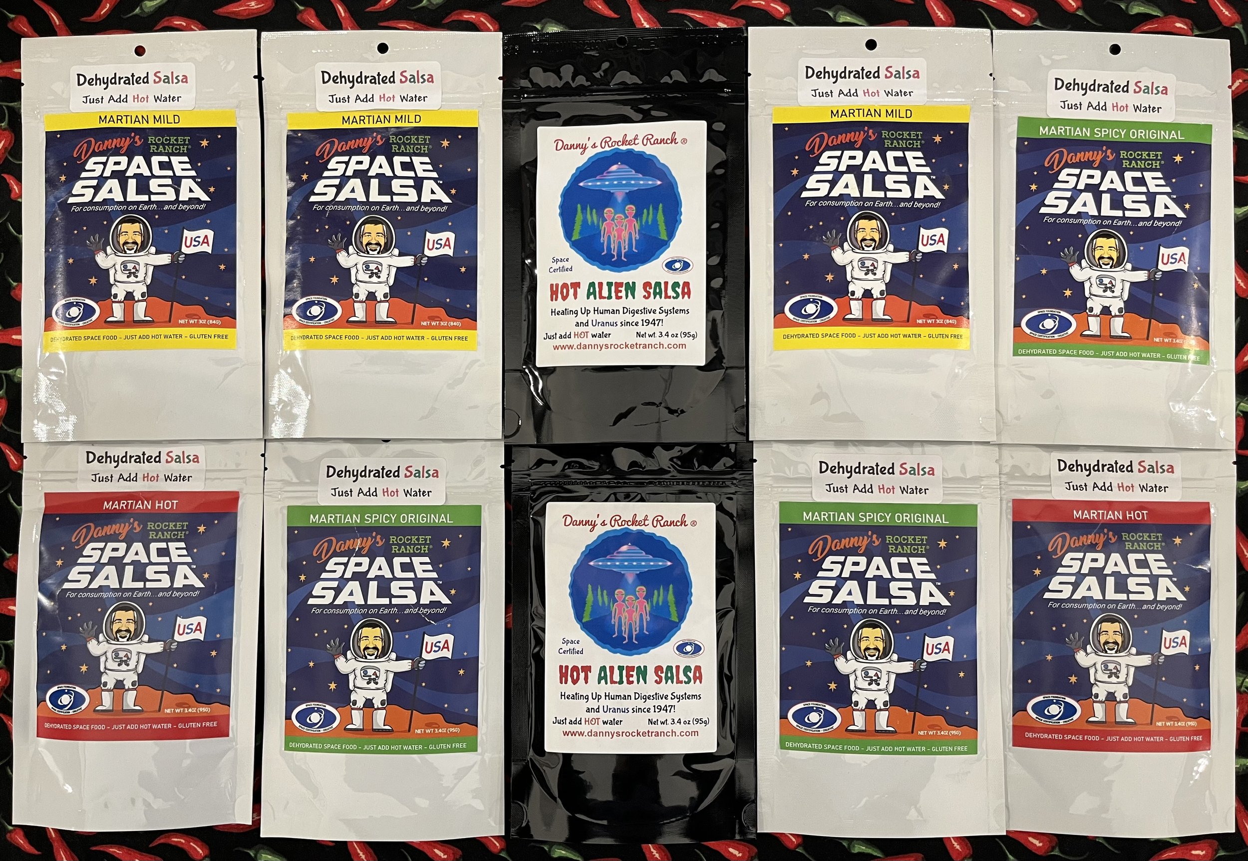 10-Pack Martian Mixed <br> 3 Martian Mild, <br> 3 Martian Spicy Original, <br> 2 Martian Hot, <br>          2 Hot Alien Salsa Free Shipping