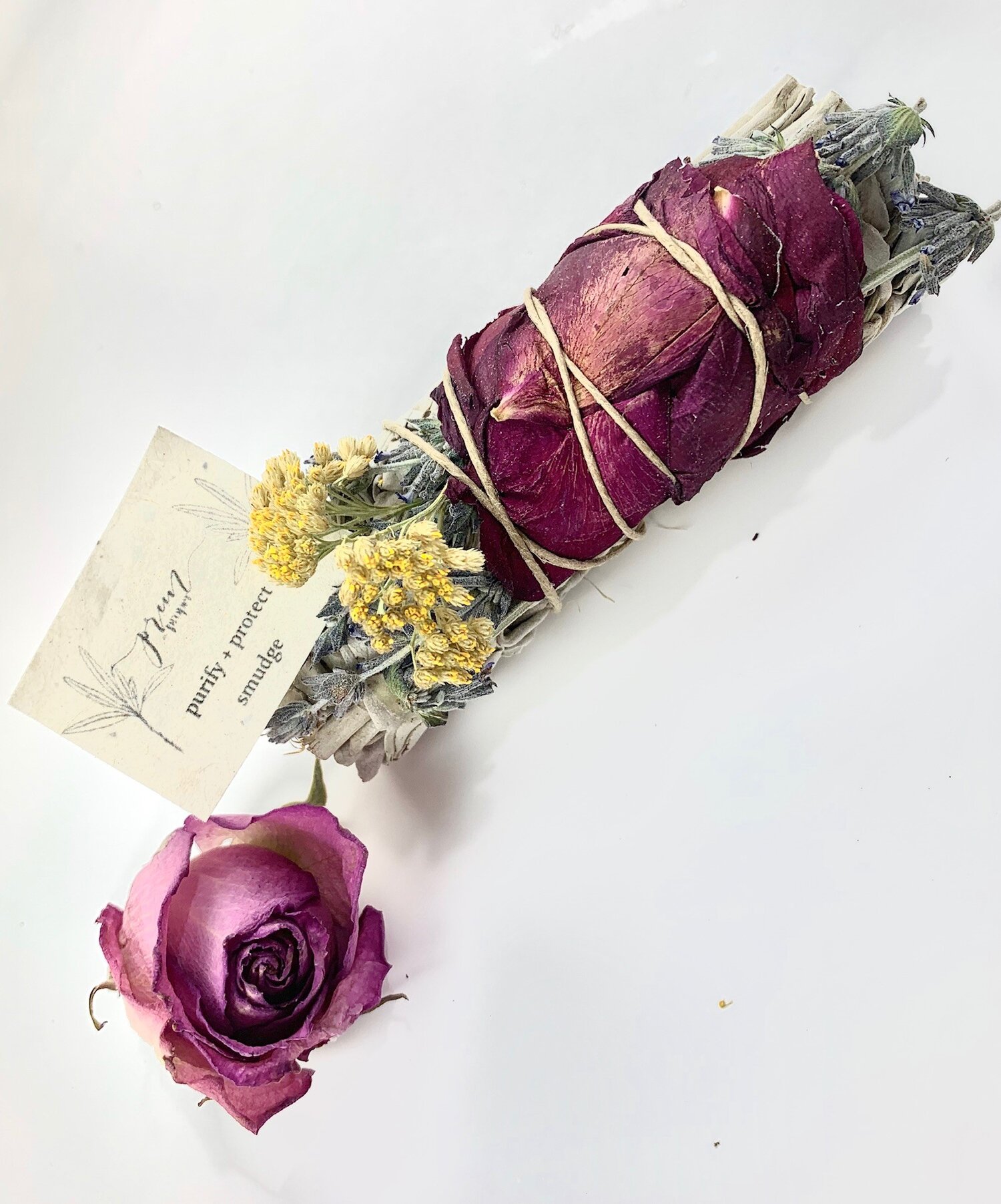 White Sage Smudge Stick with Dried Pink Flowers - For Home S