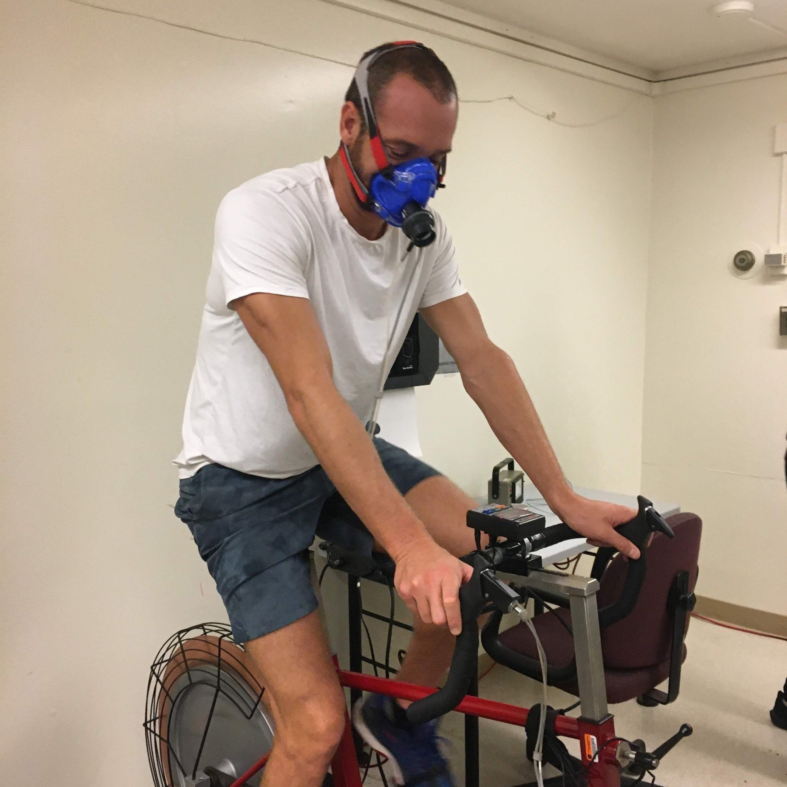 Dr. Crocker on the electronically-braked cycle ergometer