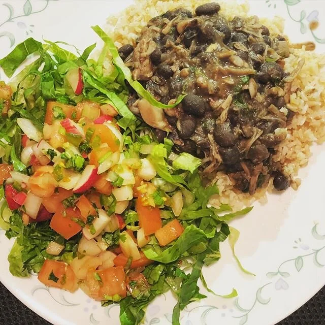 Beans with pulled jackfruit adobo over brown rice alongside pico de gallo salad of radish tomato 🍅 onion 🧅 jalape&ntilde;o 🌶 cilantro lime and shredduce (shredded lettuce)🥬#vegetarian#vegetarianfood#vegan#wholefoodsplantbased#wholefoodsplantbased