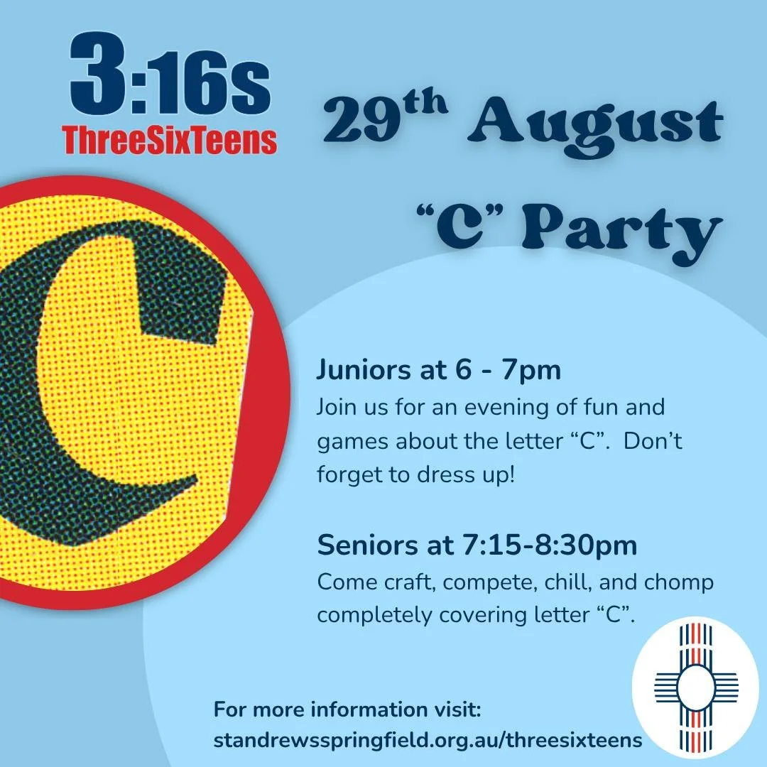 🎉 Join ThreeSixTeens this Friday, 29th August, for a &ldquo;C&rdquo; Party! 🎉
If you&rsquo;ve never been to 3:16s before, this is the perfect night to come along and check it out.
Click here to find out more ➡  https://www.standrewsspringfield.org.