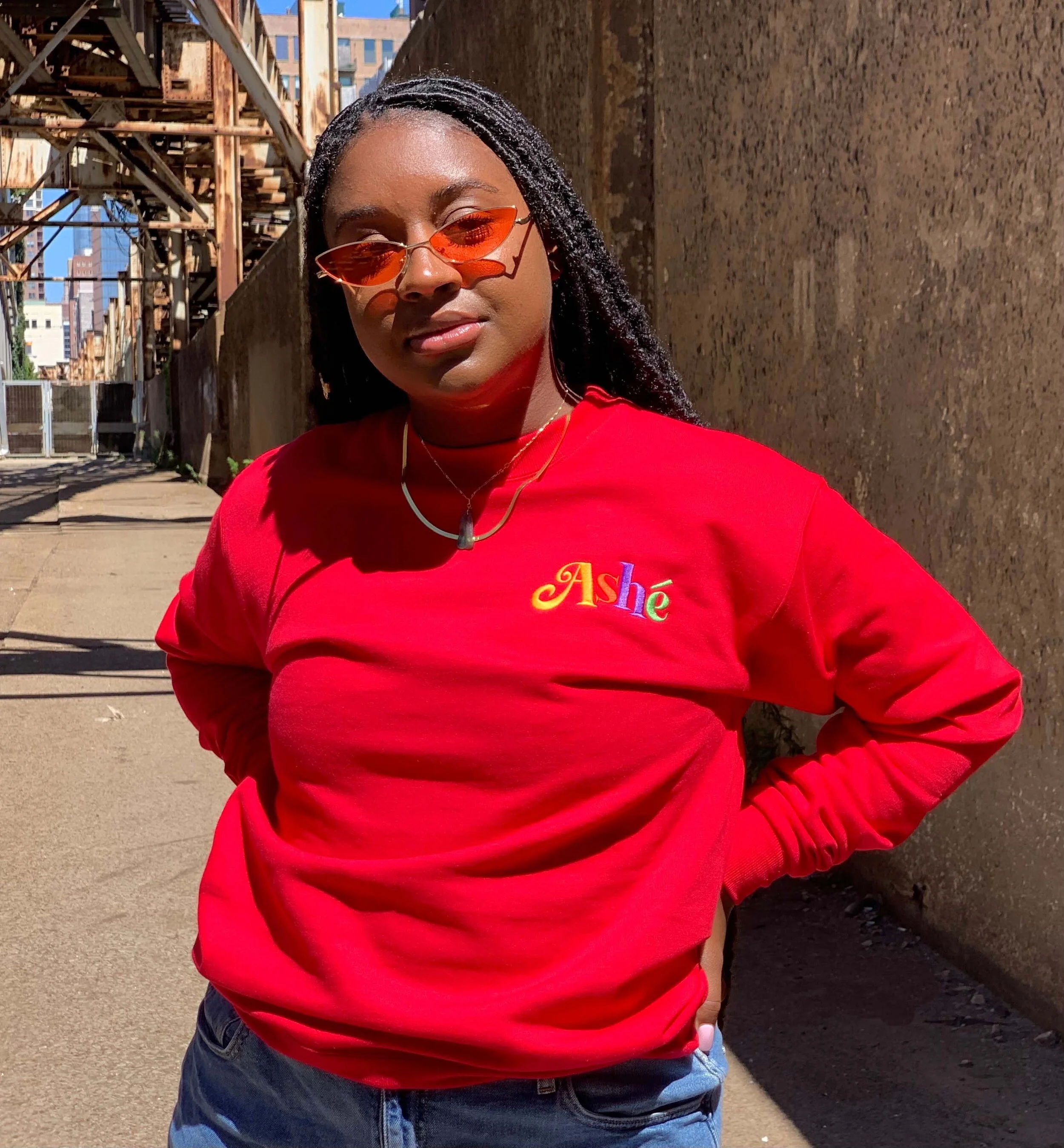 red embroidered sweatshirt