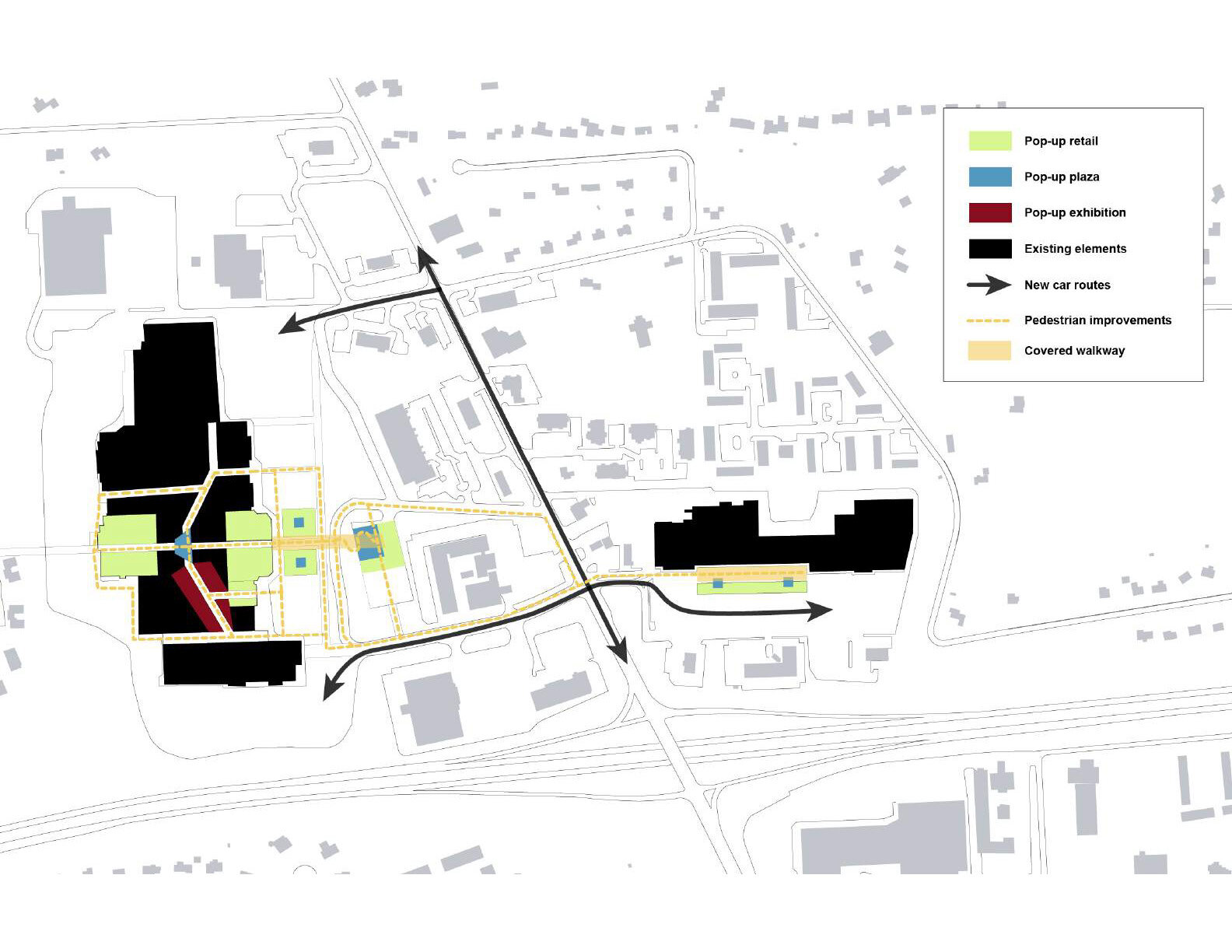 We thought of restructuring the site in both the short term and in the long term. In the short term, we created a plan to use incremental urbanist techniques to highlight and call attention to the shortcomings of the existing site: poor pedestrian c