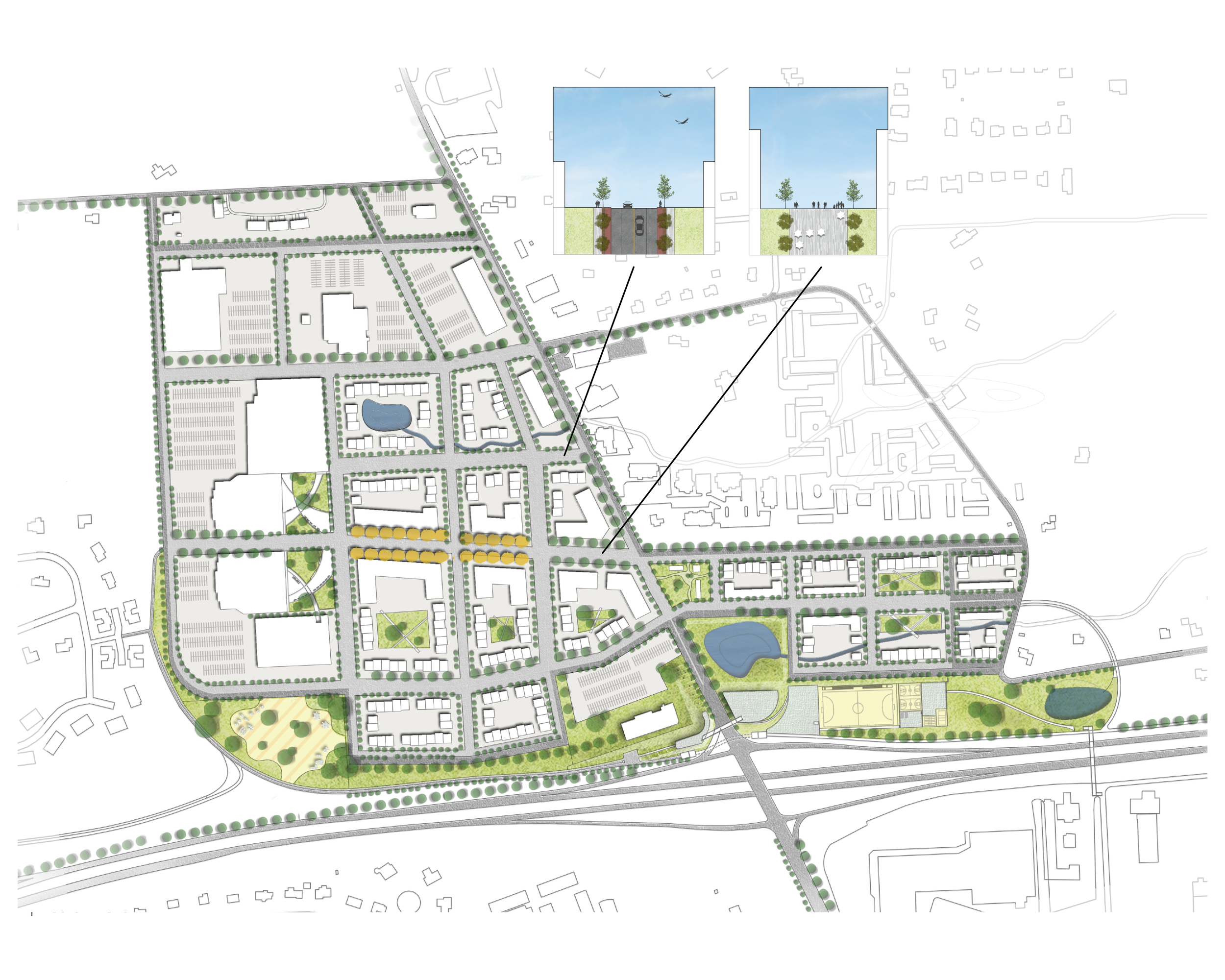 In the much longer term, we envisioned completely rethinking the space as a mixed-use, pedestrian-oriented development. We planned to keep a handful of successful existing stores and the cinema, but redesigned the entire space under the concept of a