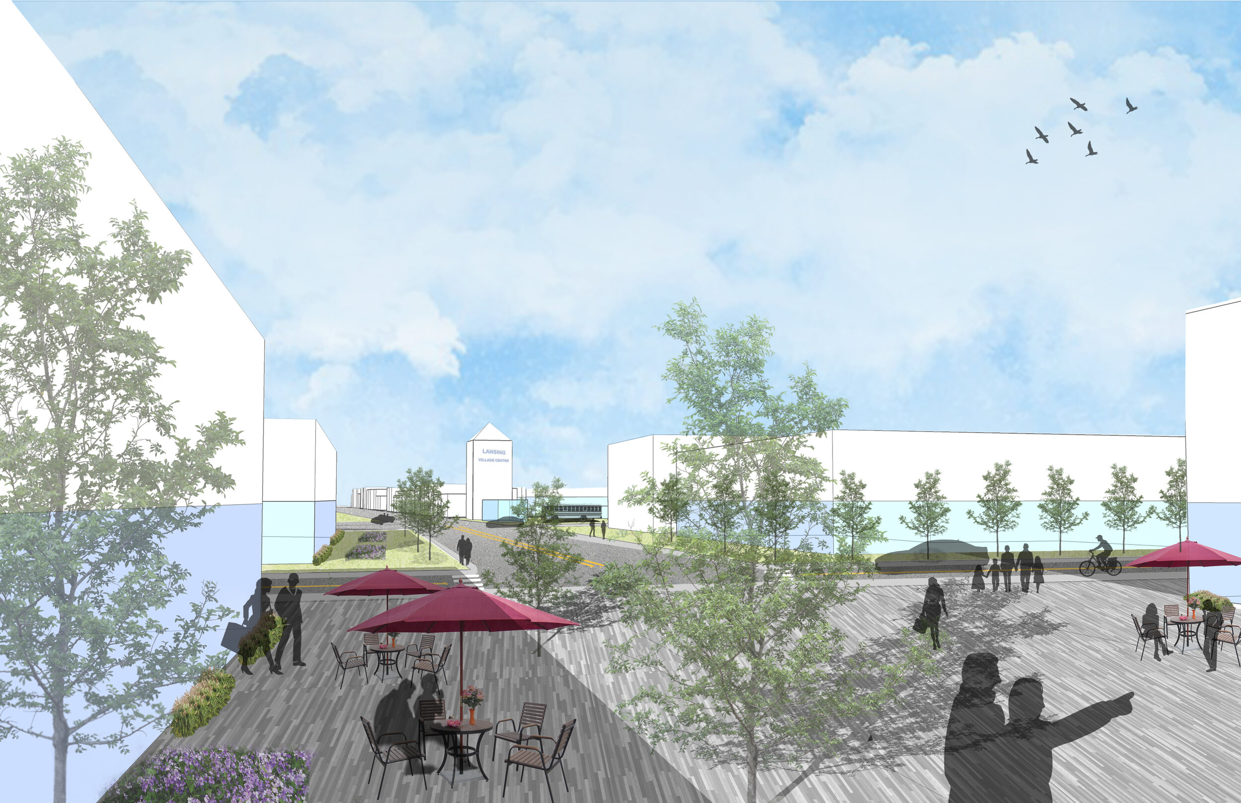 View toward Triphammer Road from pedestrian corridor.