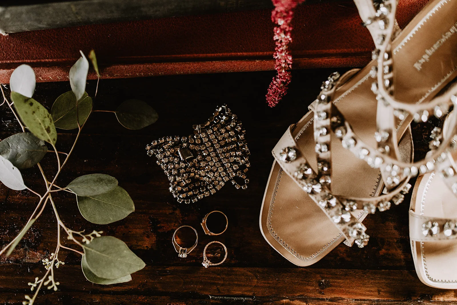 Studded bridal shoes and rings details shot
