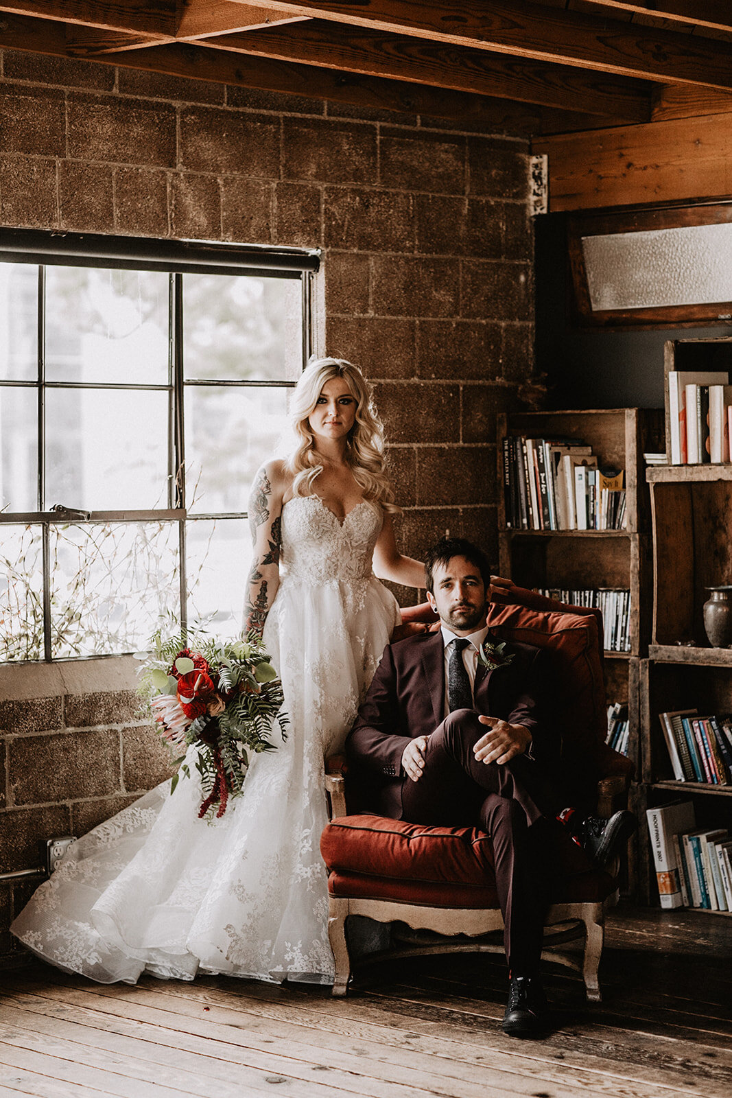 Bride and groom first look at Smoky Hollow Studios industrial warehouse loft