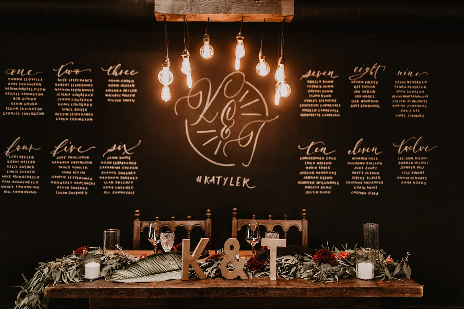 Sweetheart table with edison lights, garland, and initials, and chalk art table seating