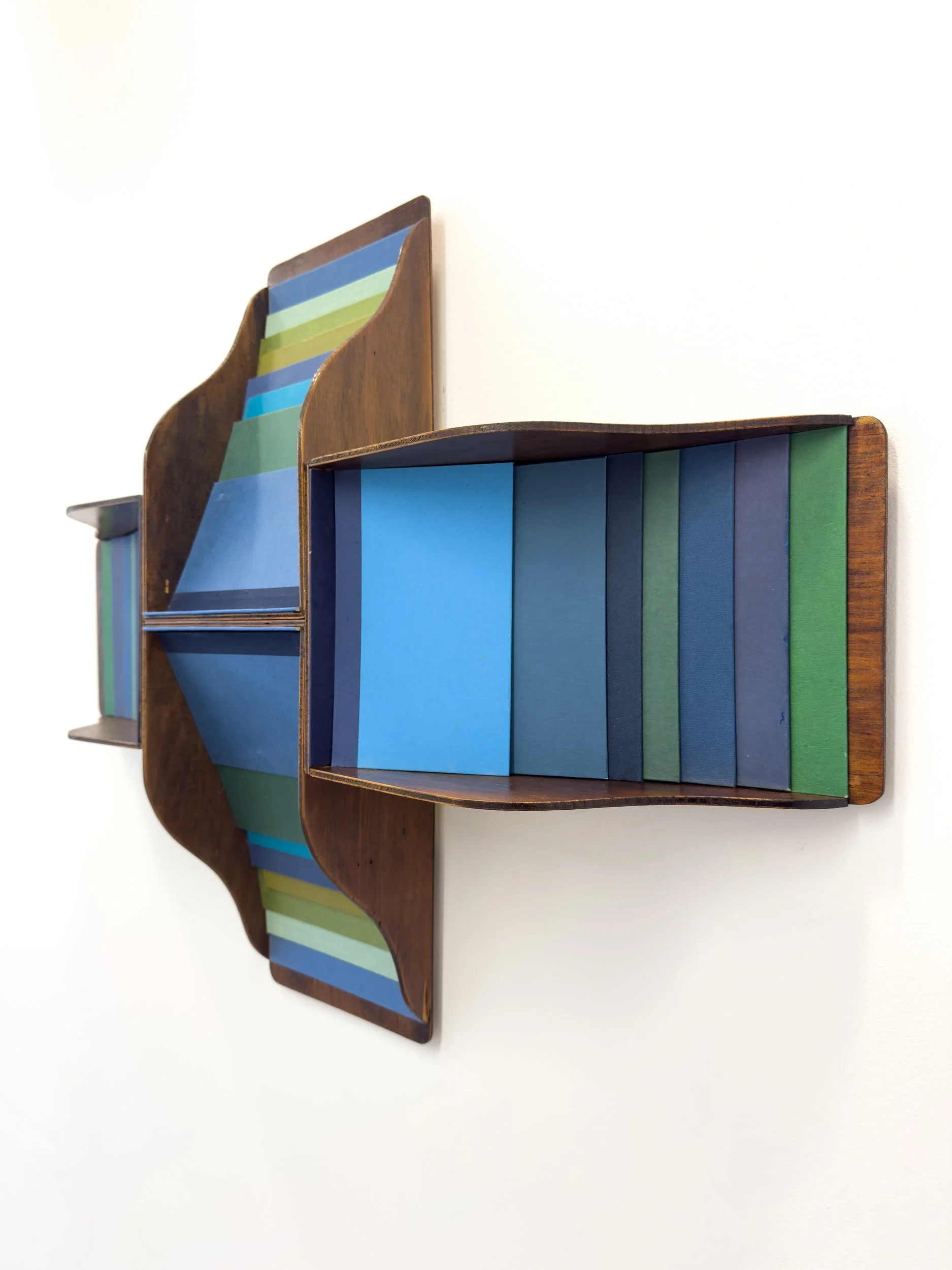 A wooden wall-mounted shelf with curved sides holds vertically stacked, colorful books in blue, green, and teal, against a white background. Modern and artistic design.