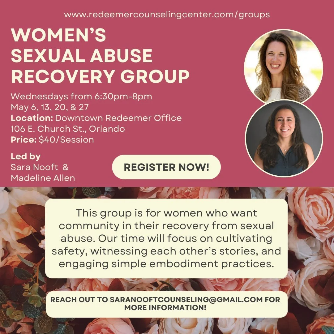 This May, Redeemer Counselors Sara Nooft and Madeline Allen will be leading a recovery group for women who have experienced sexual abuse. 

Many women carry the weight of sexual abuse alone, but deep healing can happen when they feel seen and underst