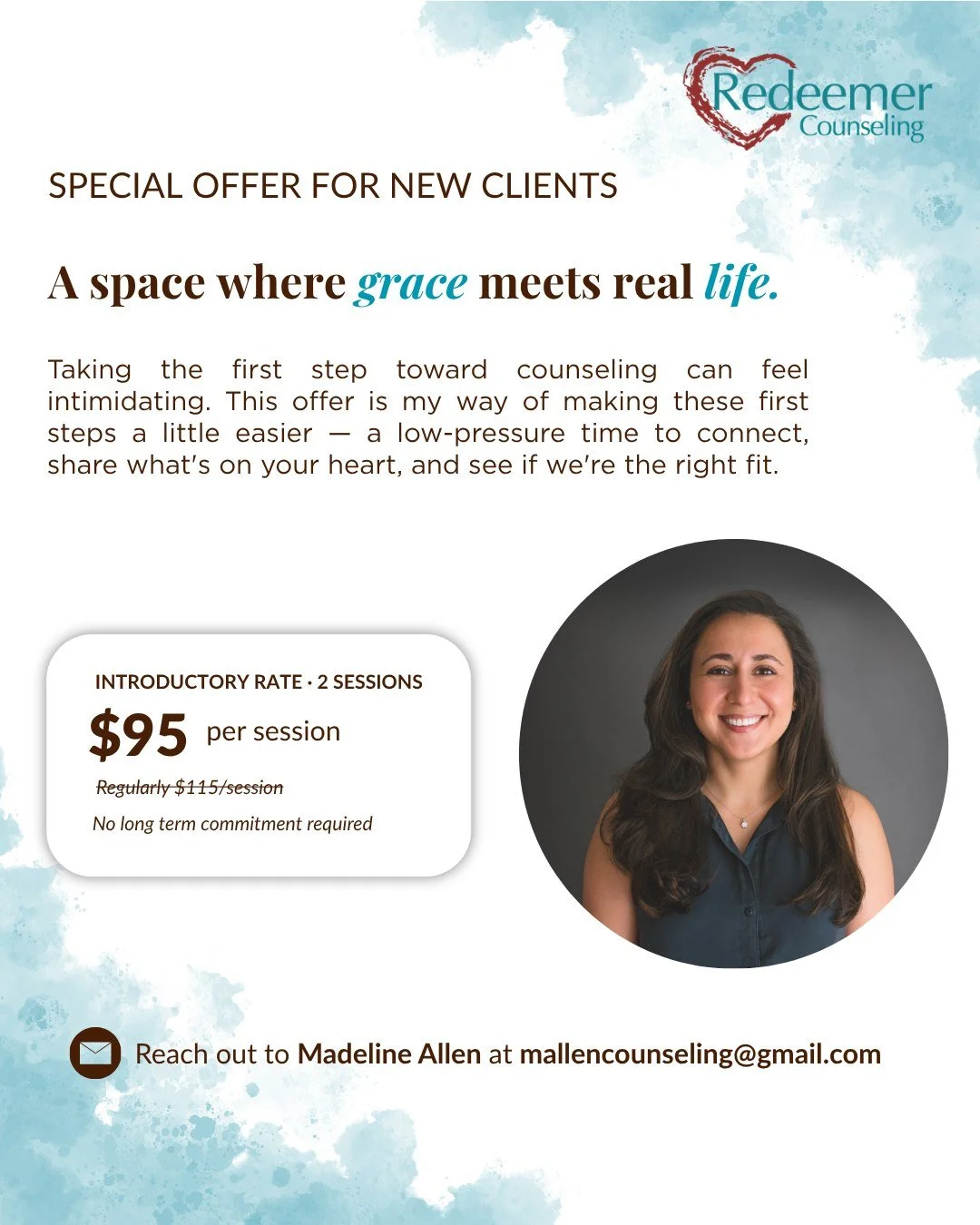 Redeemer Counselor Madeline Allen is offering a special rate for new clients! Madeline is accepting new clients at our Downtown office as well as online. Call our office at 407-405-7677 or email mallencounseling@gmail.com to schedule.

Madeline belie
