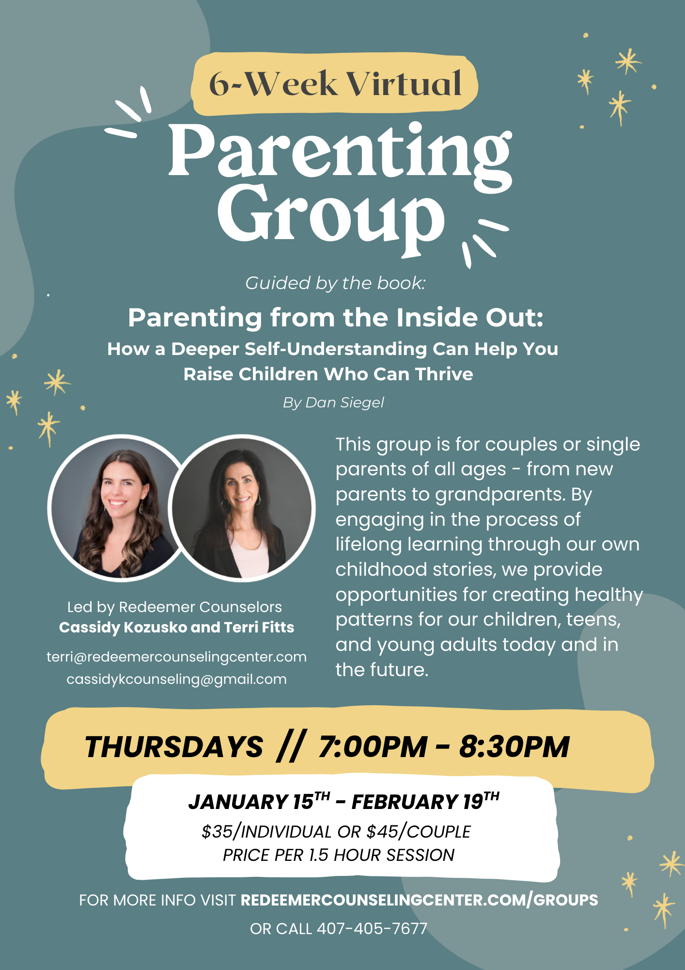 Flyer for a 6-week virtual parenting group led by Redeemer Counselors Cassidy Kozusko and Terri Fitts, scheduled on Thursdays from 7:00 PM to 8:30 PM, January 15 to February 19, with contact information provided.