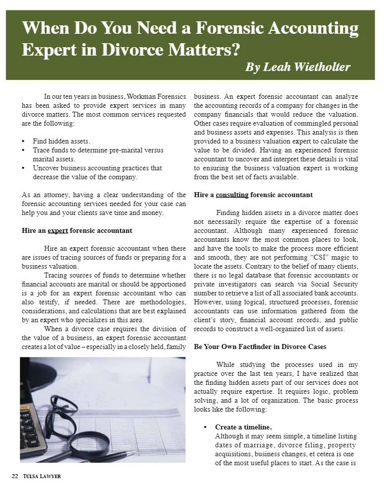 When Do You Need a Forensic Accounting Expert in a Divorce Matter? — Workman Forensics ...