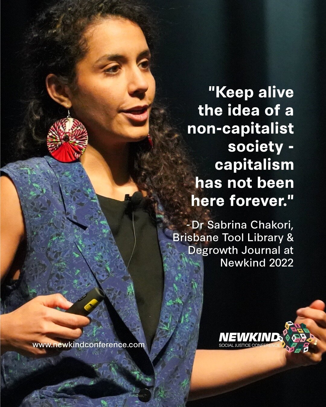 &quot;Keep alive the idea of a non-capitalist society - capitalism has not been here forever.&quot;

🎤 Dr Sabrina Chakori, Founder of @brisbanetoollibrary &amp; Degrowth Journal at Newkind 2022

#newkind #newkindconfernce #newkind2022 #degrowth #ant