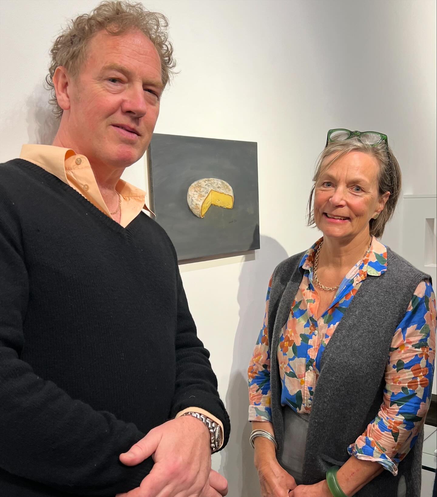 A wonderful evening with @christianfurr @barthacontemporary to see Fish and Cheese exhibition featuring St.Helena ! Thank you all. I got to chat to some great artists and felt so delighted to have our cheese portrait up on the wall 🤩