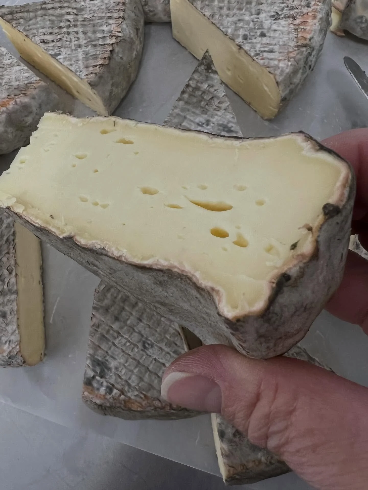Cutting St.Helena wedges for markets in Suffolk @wykenvineyardsfarmersmarket with Emily and London @londonfarmersmarkets with @hugos.farmshop &hellip;love that contrast between paste and rind 🤩