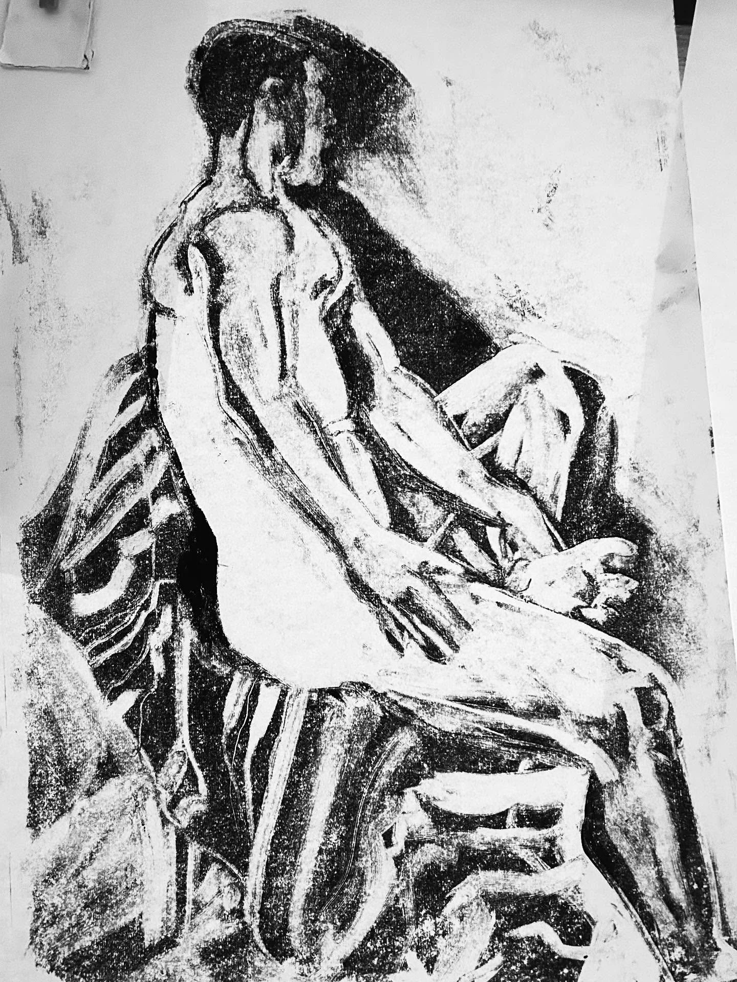 Subtraction mono print. It is quite a challenge to take print making out of your usual house/ studio. Mindset and kit feel wobbly. The jeopardy of hand burnishing plus the fixed time for each pose. Anyway he is my first attempt at anything beyond dir