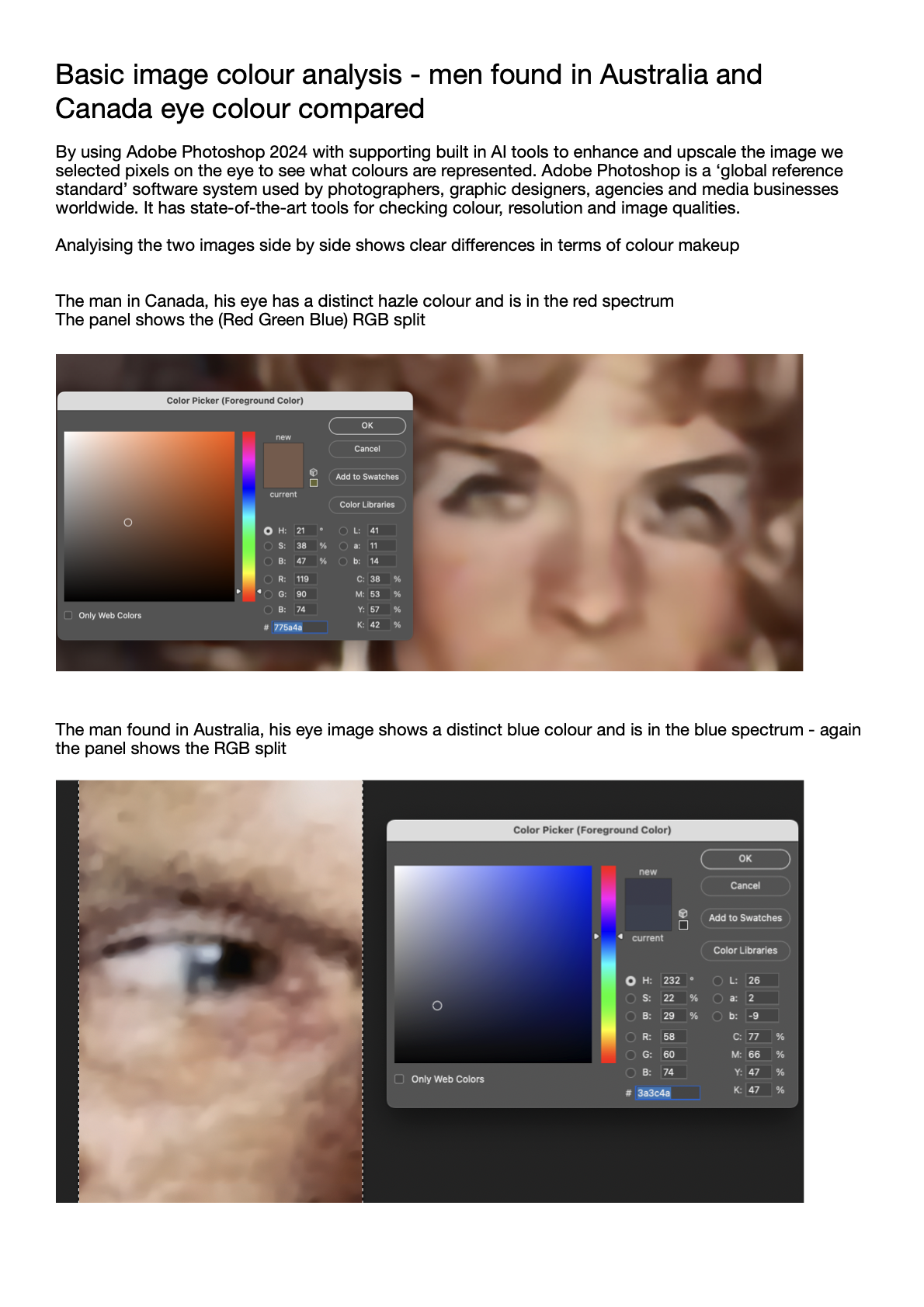 Comparison of men's eye colors, showing differences in eye colors of men from Canada and Australia with color analysis panels displayed for each eye