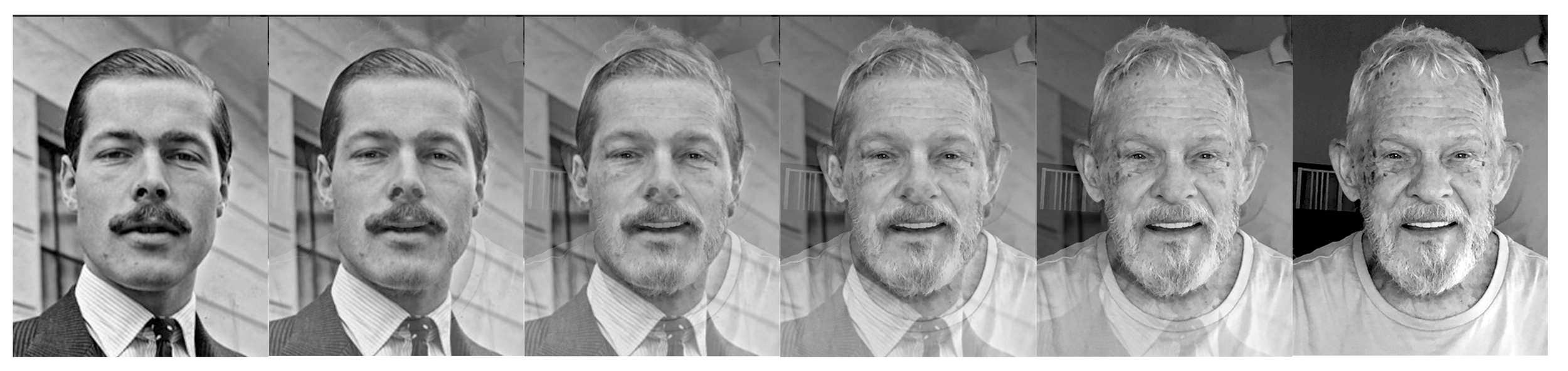Sequential black and white photos of a man, aging from young to old, showing different ages and facial features.