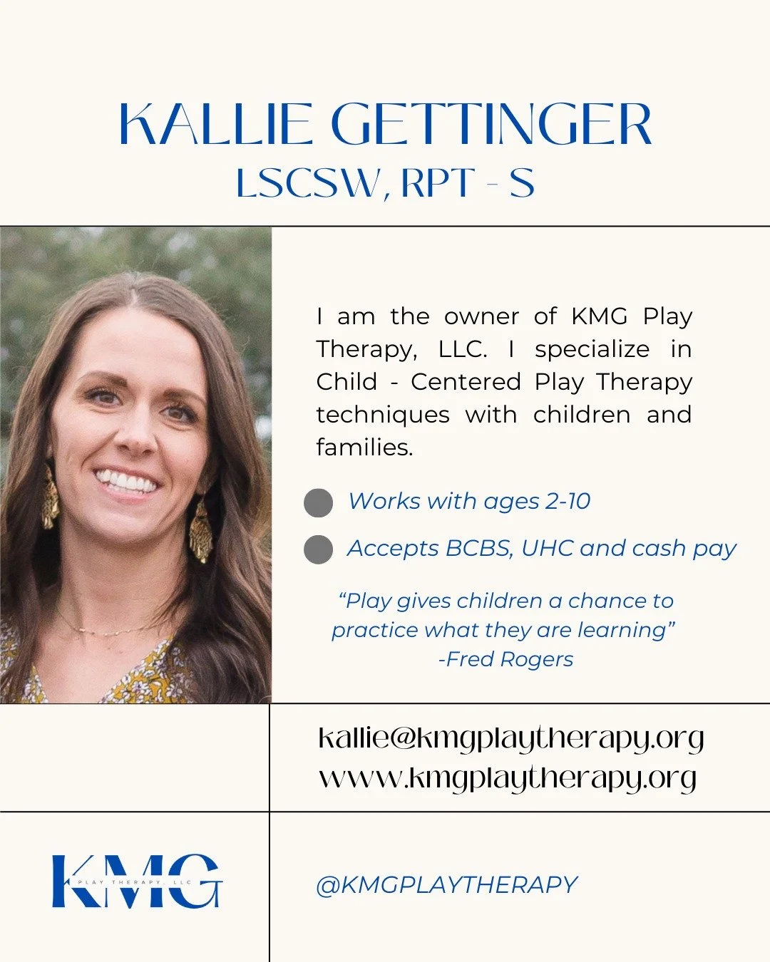 ✨Meet Our Clinicians✨

We have grown so much since the beginning of this year, so a reintroduction is needed!

KMG Play Therapy, LLC provides individual and family therapy services focused on attachment and strengthening the parent-child relationship
