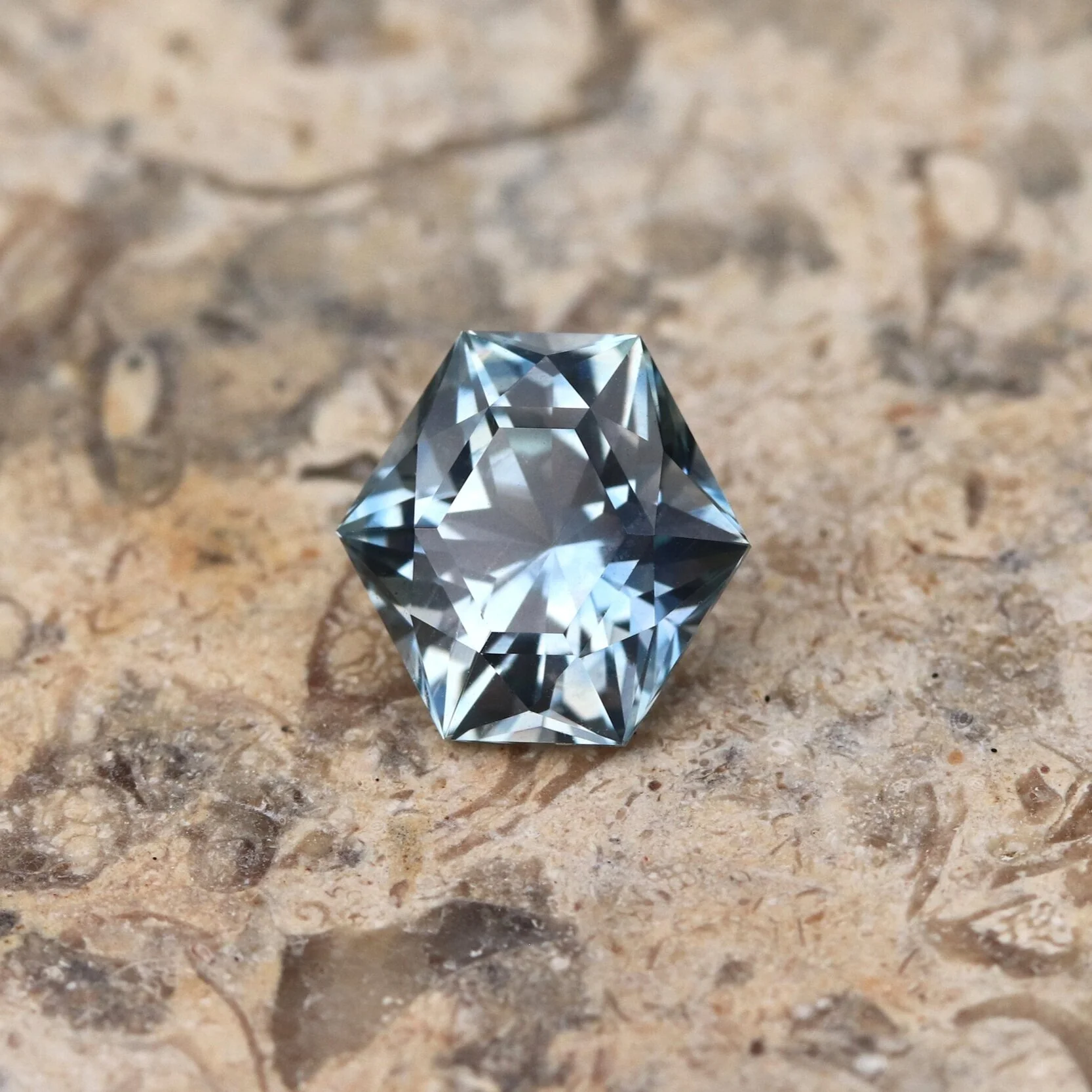 Light blue hexagon Montana sapphire cut by Trebliganna