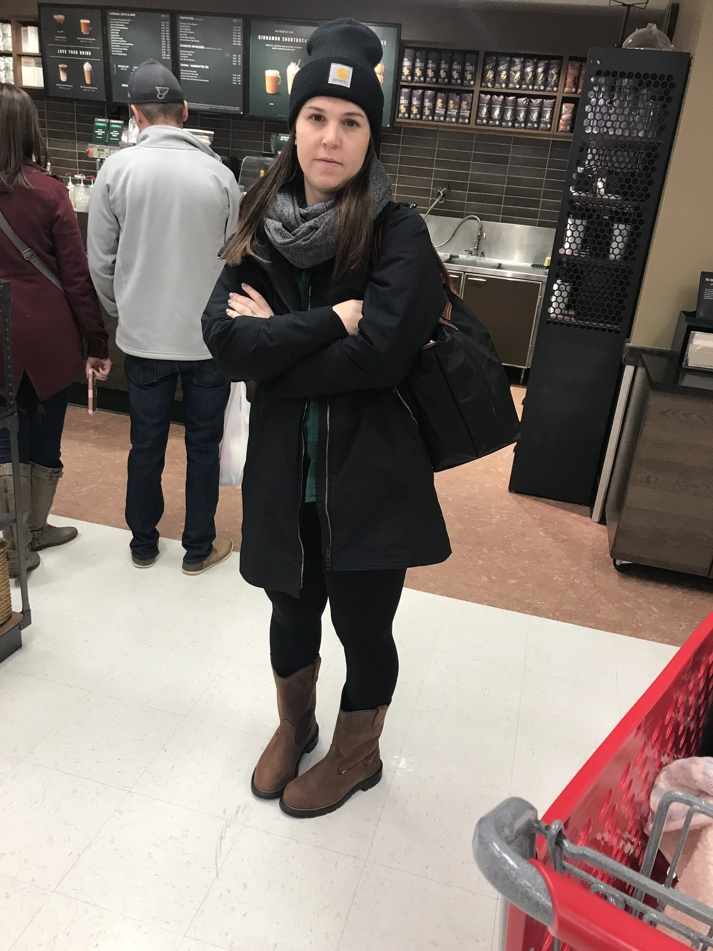 Me—30 pounds overweight, snowing outside, newborn baby, no water at our house. HATING LIFE APPARENTLY