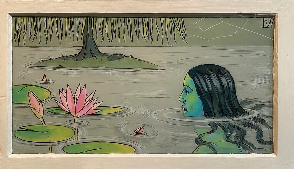 Pond Gazing 1 (Jodhpur Pond)
.
A new painting on glass with a blue/green figure in a green gray pond with a single willow growing out of a small tuft of an island. Constellations in the warm olive sky. A contemplative feeling.
The color palette of pi