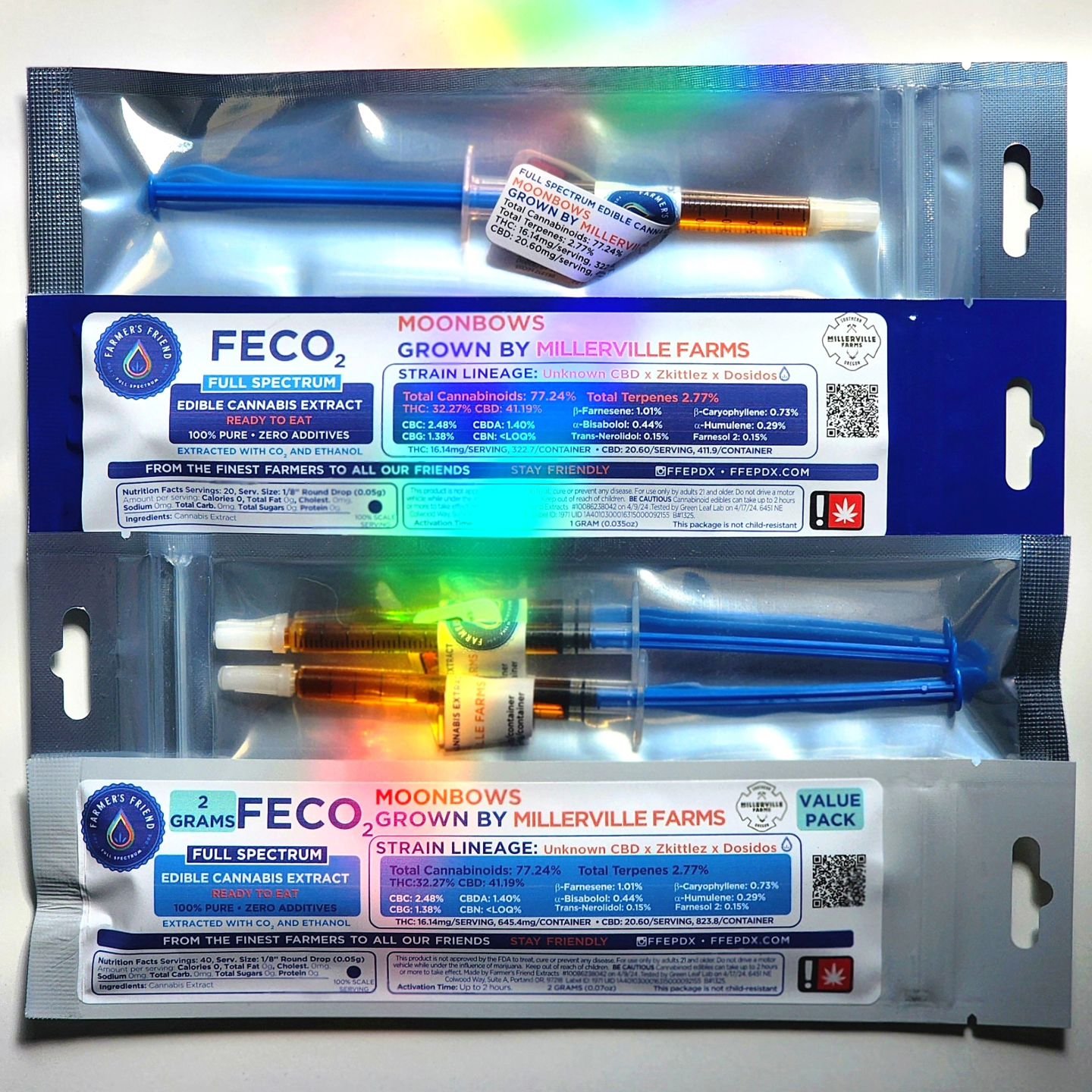 We have a beautiful new batch of FECO2 featuring Moonbows sourced from the master growers at Millerville Farms. Moonbows is loved for its balanced properties- calming yet uplifting and euphoric. With a 1:1 ratio of CBD:THC, this FECO2 contains a robu