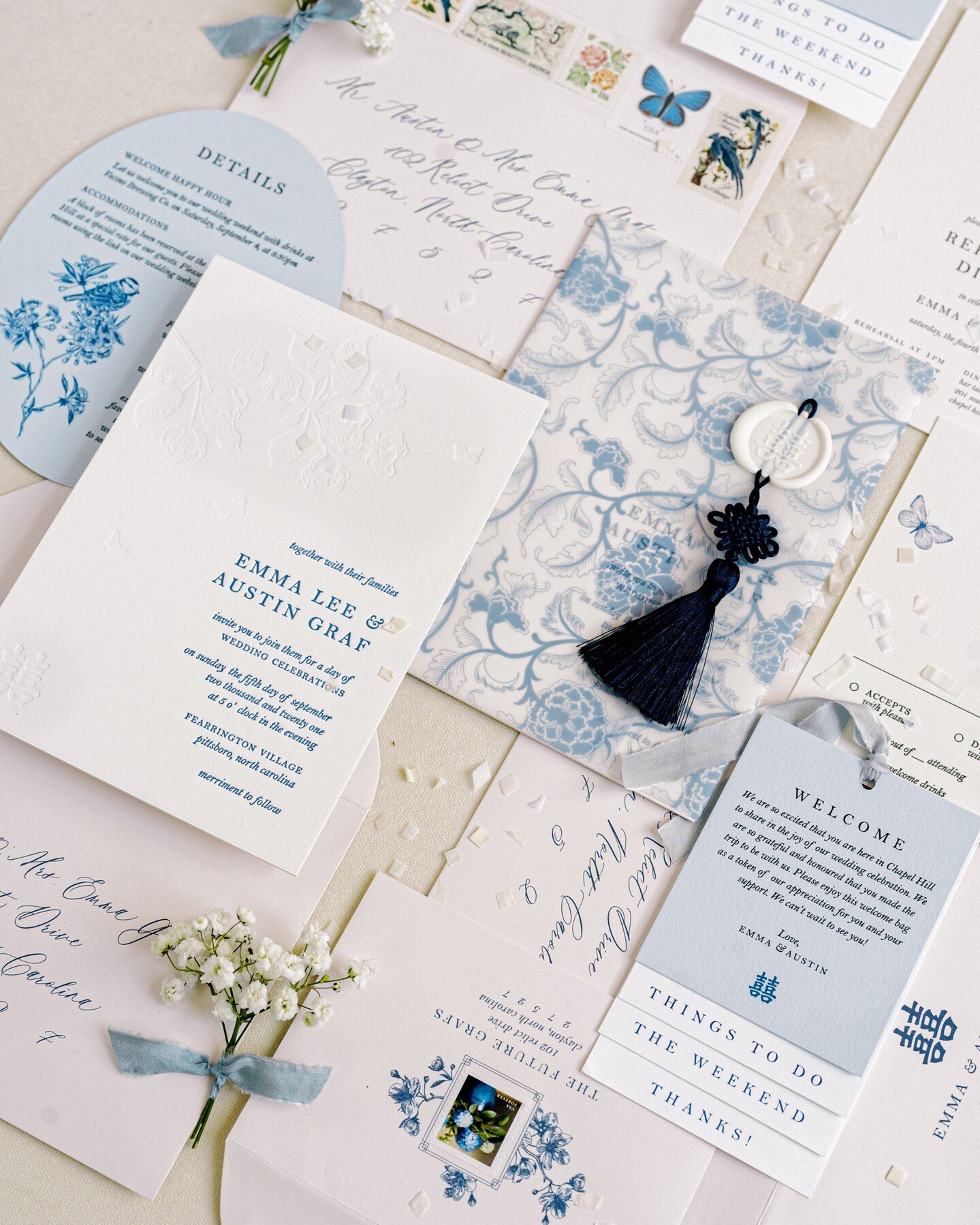 An invitations suite should embody the essence of your wedding day as well as tell a little bit about your story. The illustrations and patterns of this suite give the guests a peek of what is to be a Chinoiserie Garden Soir&eacute;e wedding while th