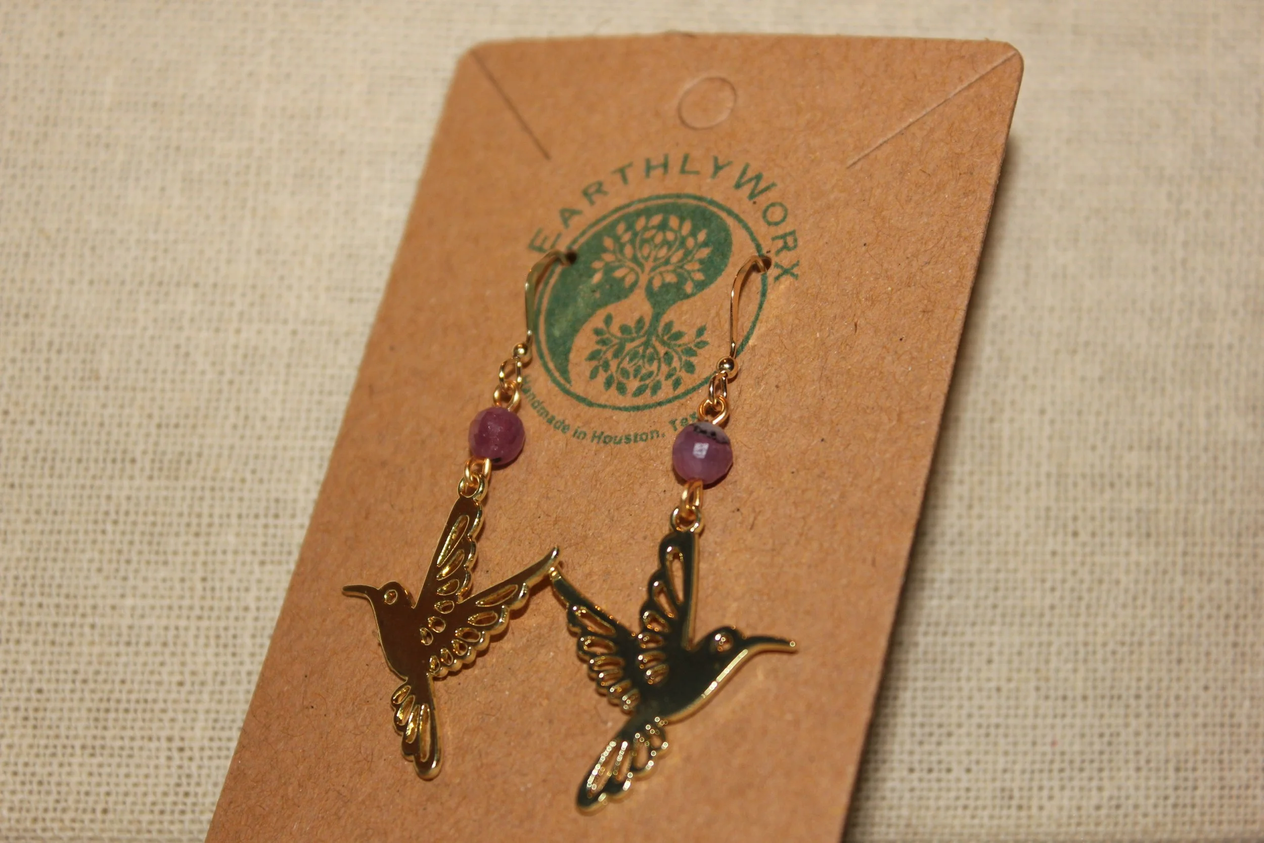 Gold Hummingbird & Natural Ruby Earrings